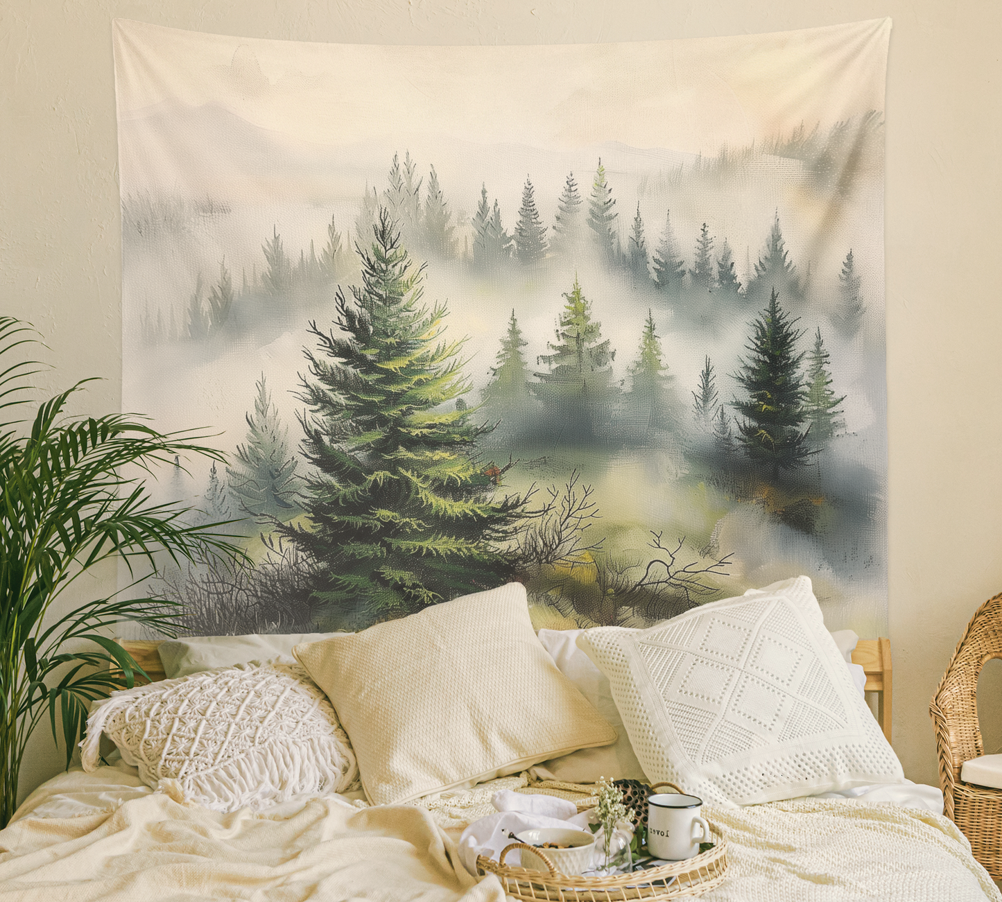 Foggy Misty Forest , Tapestry Wall Hanging, Watercolor Smoky Mountain Landscape Scenery Wall Art  Bedroom, Dorm ,Room