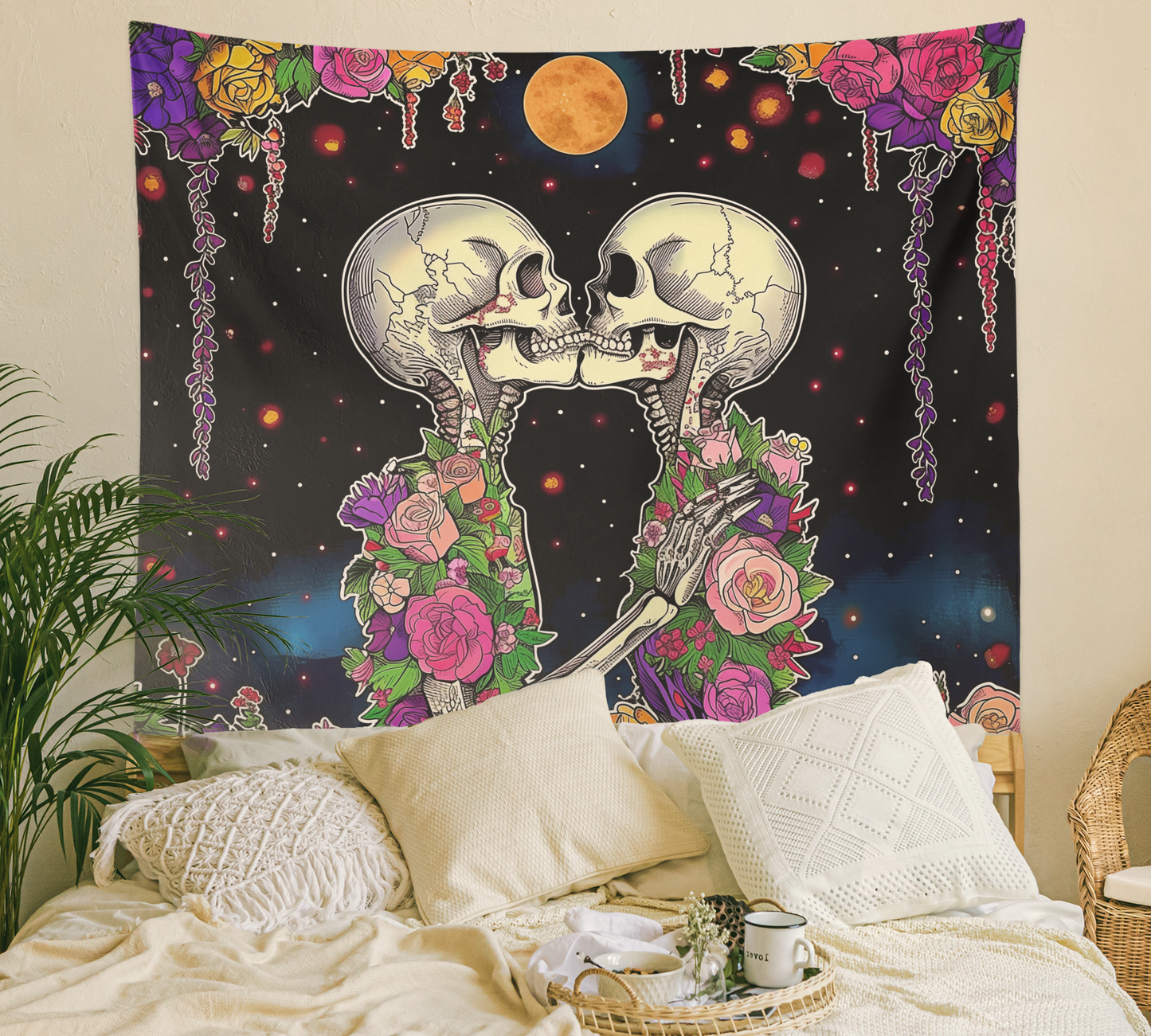 Skeleton Flower, Skeleton Love, Wall Tapestry, Skull And Roses Drawing, Sugar Skull, Psychedelic, Trippy Art, Goth Decor