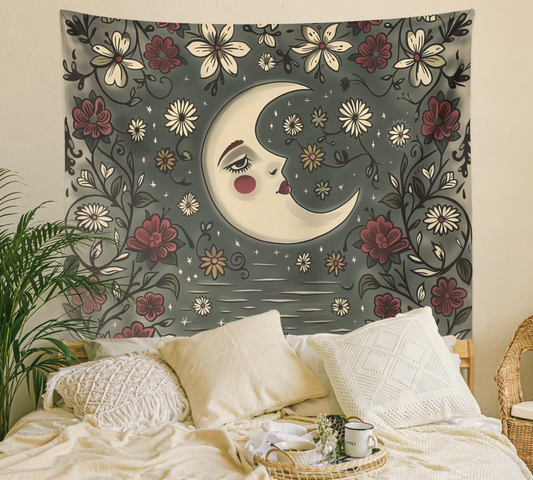 Crescent Moon, Boho Tapestry Wall Hanging, Floral Mandala, Lunar Flower Celestial  Aesthetic Room Décor , Huge Wall Art