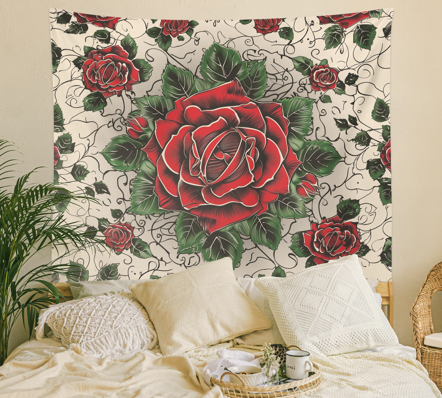 Flower Wall Hanging Tapestry, Boho Floral Red Rose Mandala, Roses Artwork Wall Décor, Aesthetic Background Tablecloth