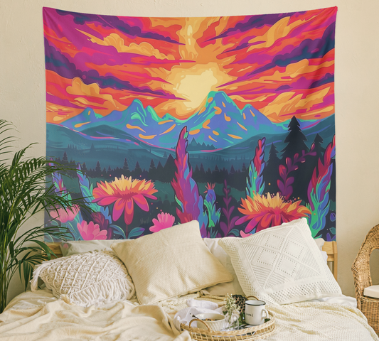 Fantasy Landscape Tapestry Wall Hanging, Surreal Psychedelic Landscapes Wall Tapestry Mandala, Mountain, Forest, Sun Clouds Scene Tapestries
