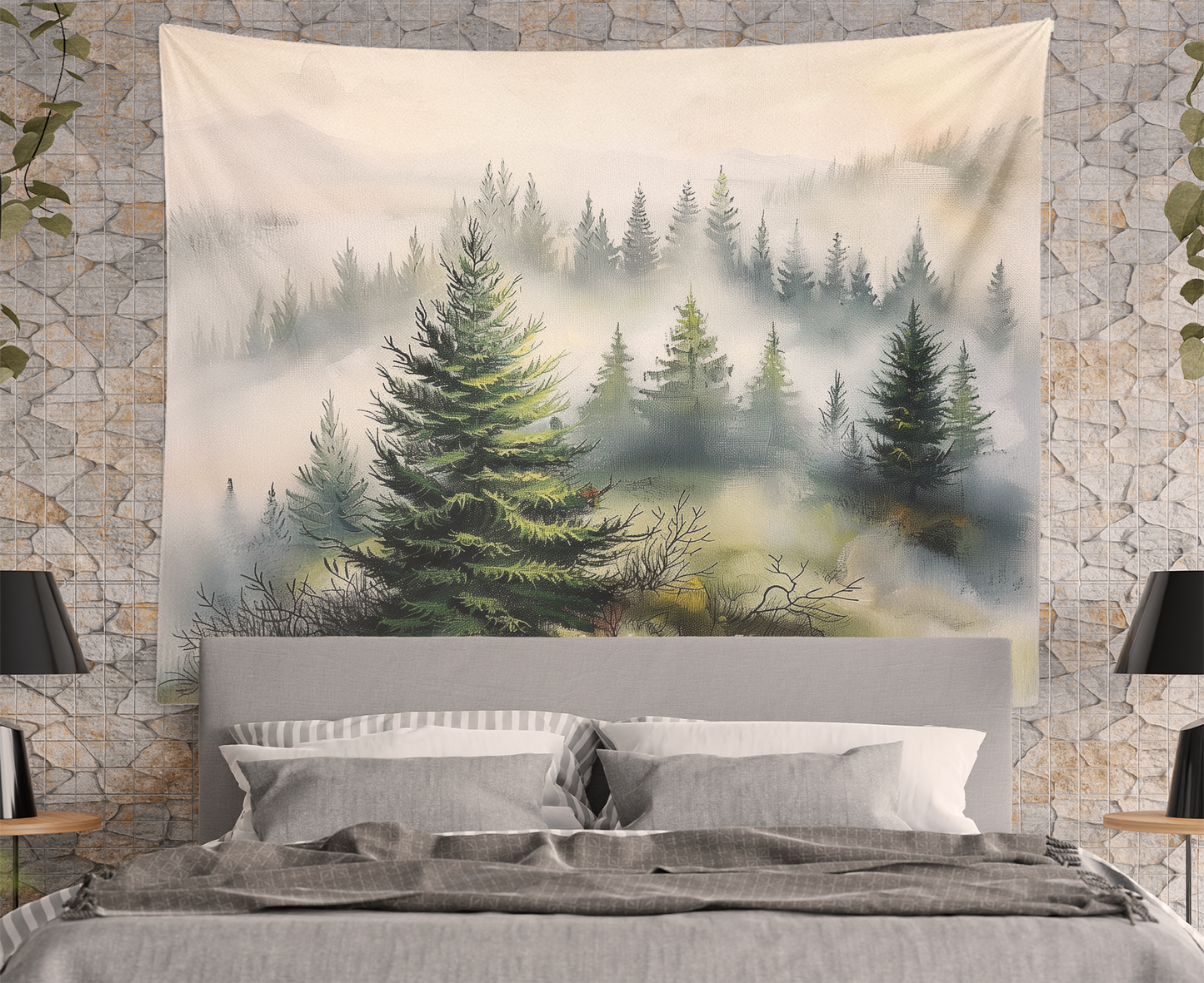 Foggy Misty Forest , Tapestry Wall Hanging, Watercolor Smoky Mountain Landscape Scenery Wall Art  Bedroom, Dorm ,Room