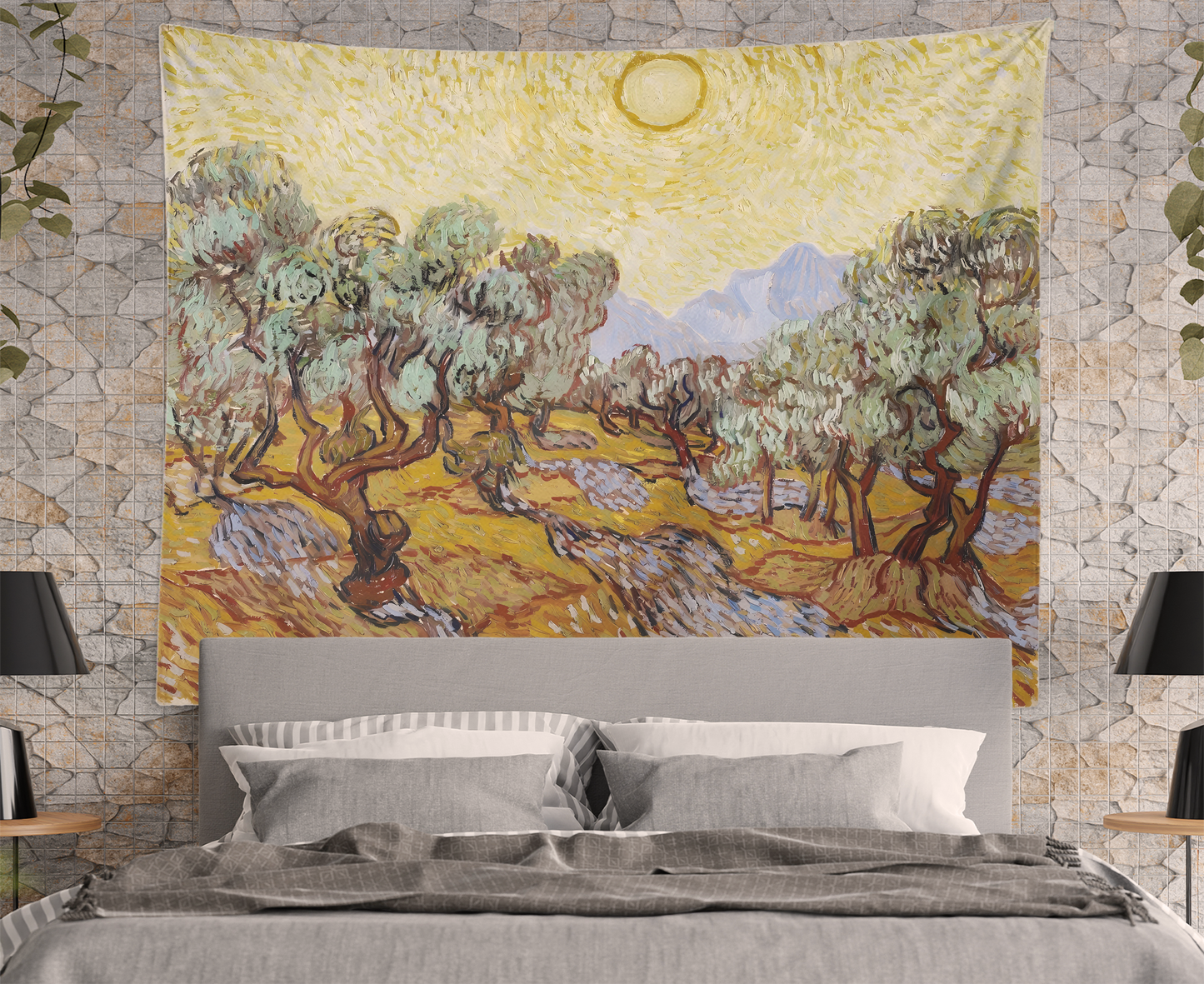 Vincent Van Gogh Painting , Landscape Art Tapestry, Wall Hanging, Olive Trees With Yellow Sky And Sun, Dorm Room Décor