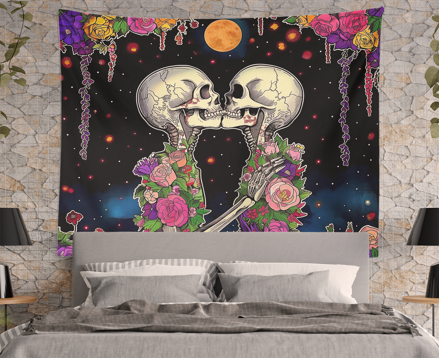 Skeleton Flower, Skeleton Love, Wall Tapestry, Skull And Roses Drawing, Sugar Skull, Psychedelic, Trippy Art, Goth Decor