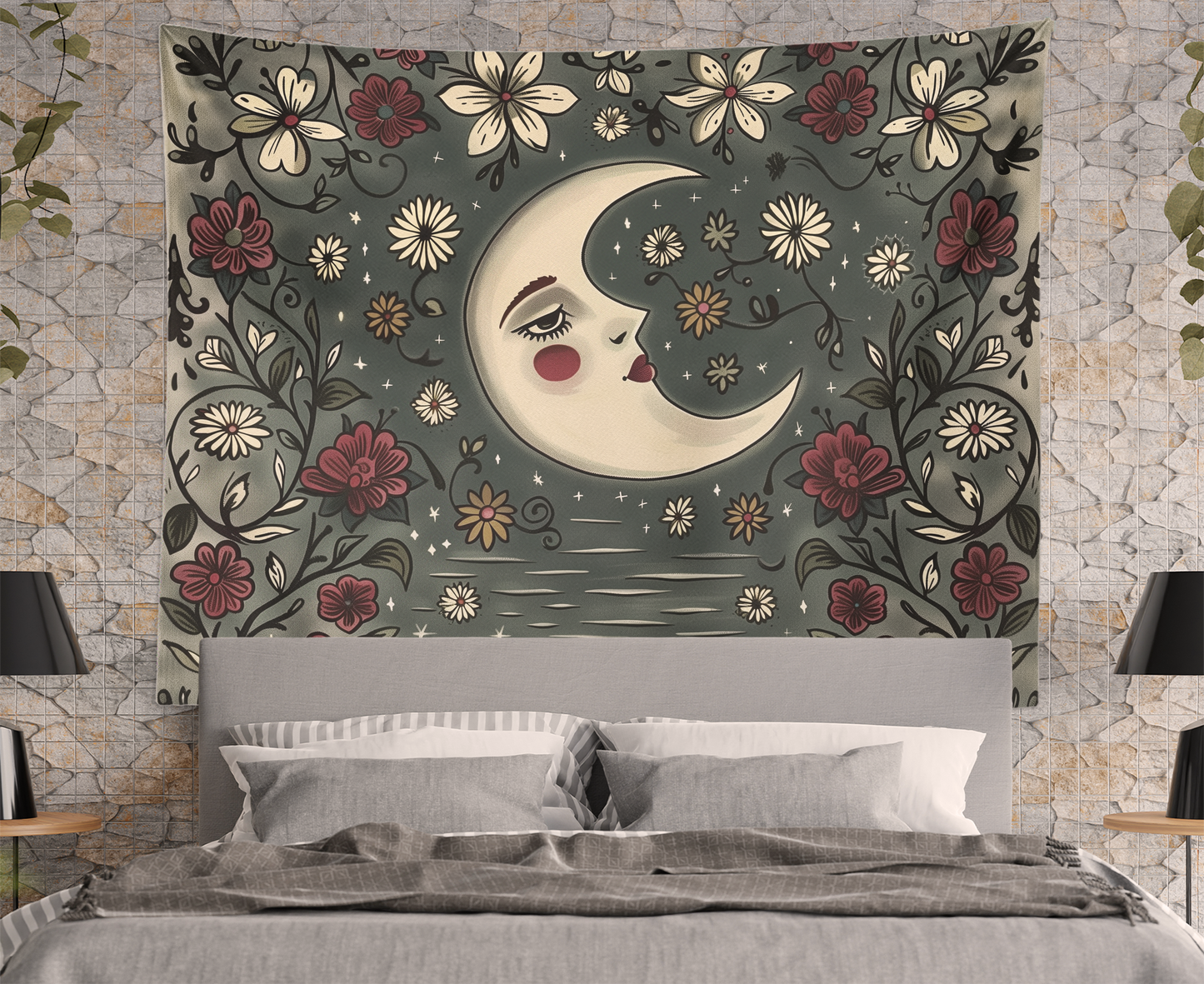 Crescent Moon, Boho Tapestry Wall Hanging, Floral Mandala, Lunar Flower Celestial  Aesthetic Room Décor , Huge Wall Art