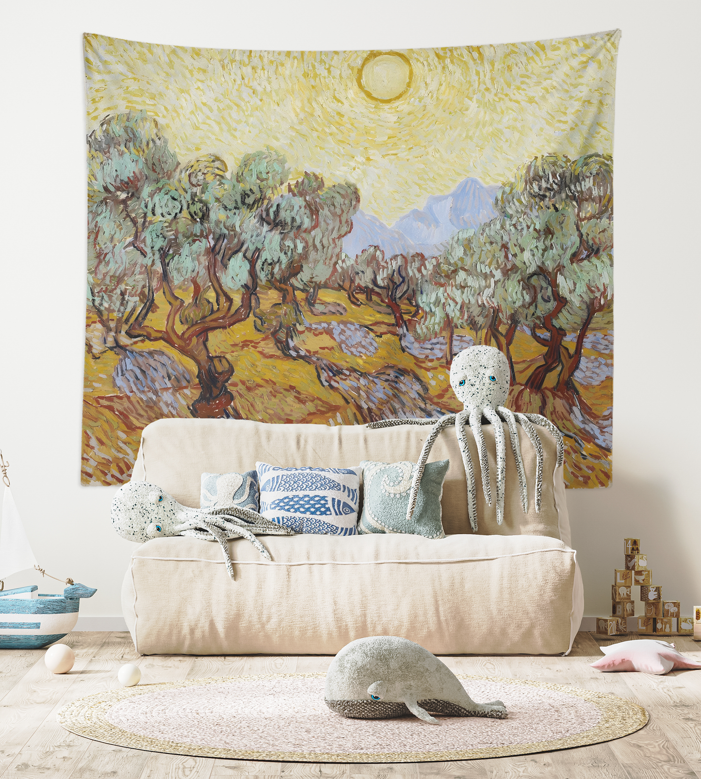 Vincent Van Gogh Painting , Landscape Art Tapestry, Wall Hanging, Olive Trees With Yellow Sky And Sun, Dorm Room Décor