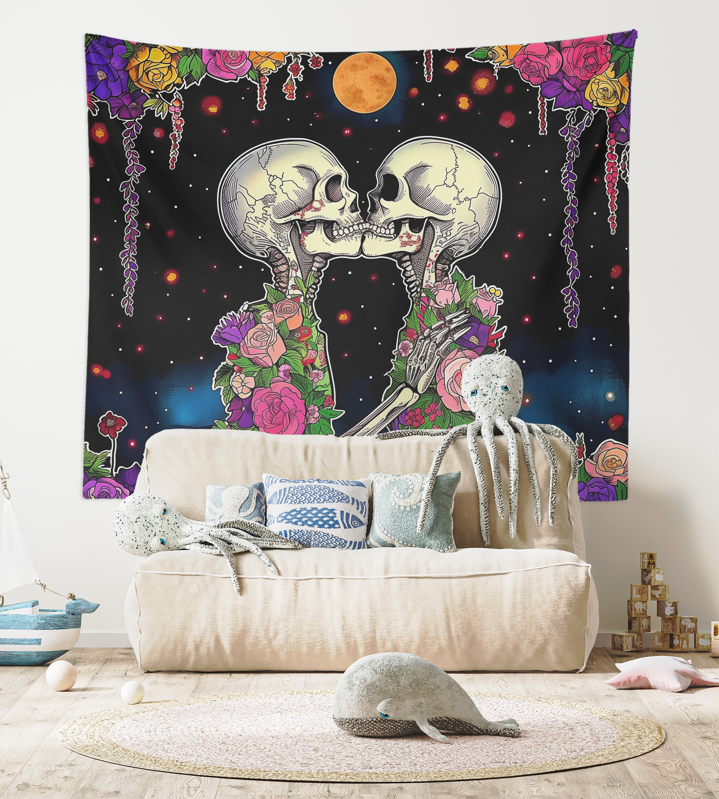 Skeleton Flower, Skeleton Love, Wall Tapestry, Skull And Roses Drawing, Sugar Skull, Psychedelic, Trippy Art, Goth Decor