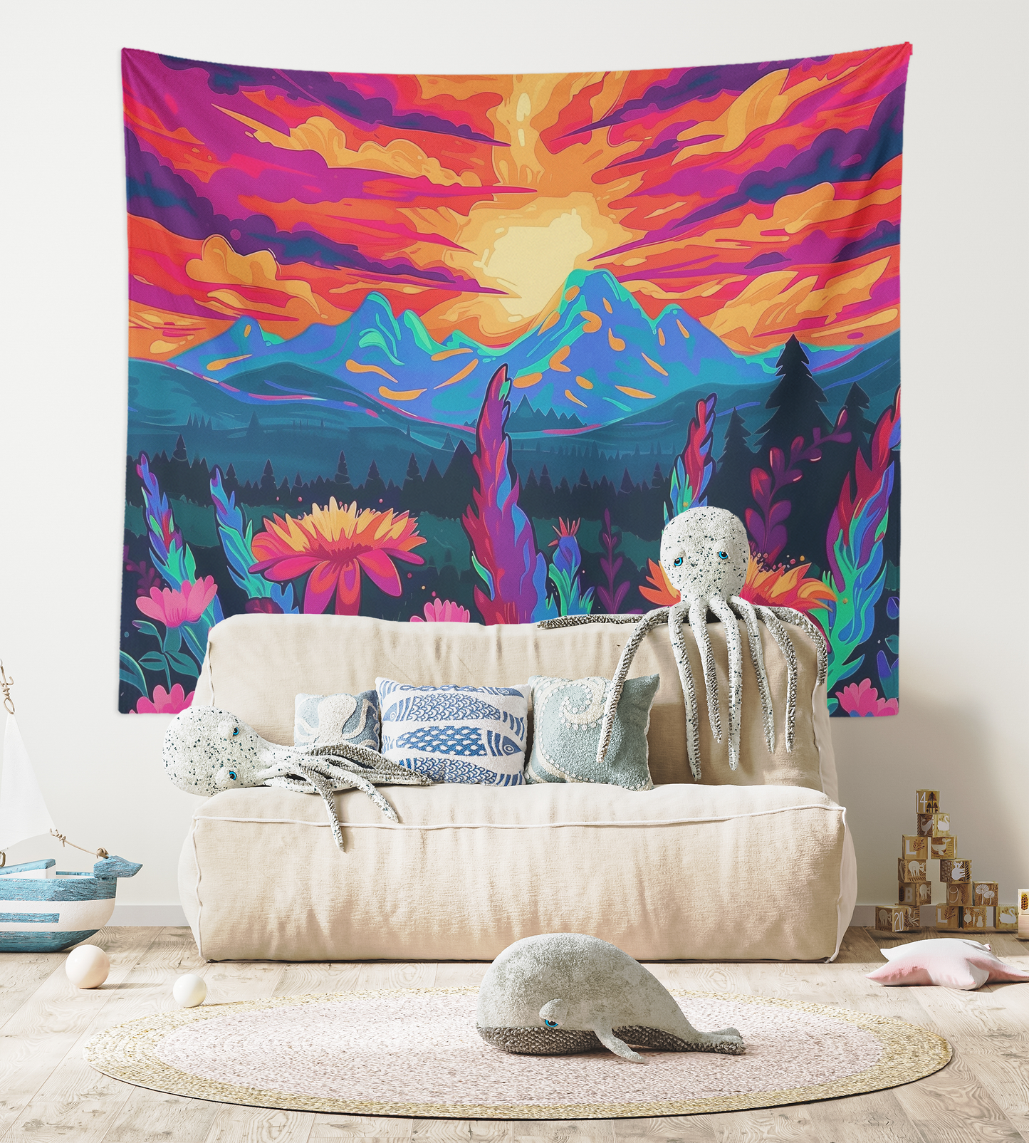 Fantasy Landscape Tapestry Wall Hanging, Surreal Psychedelic Landscapes Wall Tapestry Mandala, Mountain, Forest, Sun Clouds Scene Tapestries