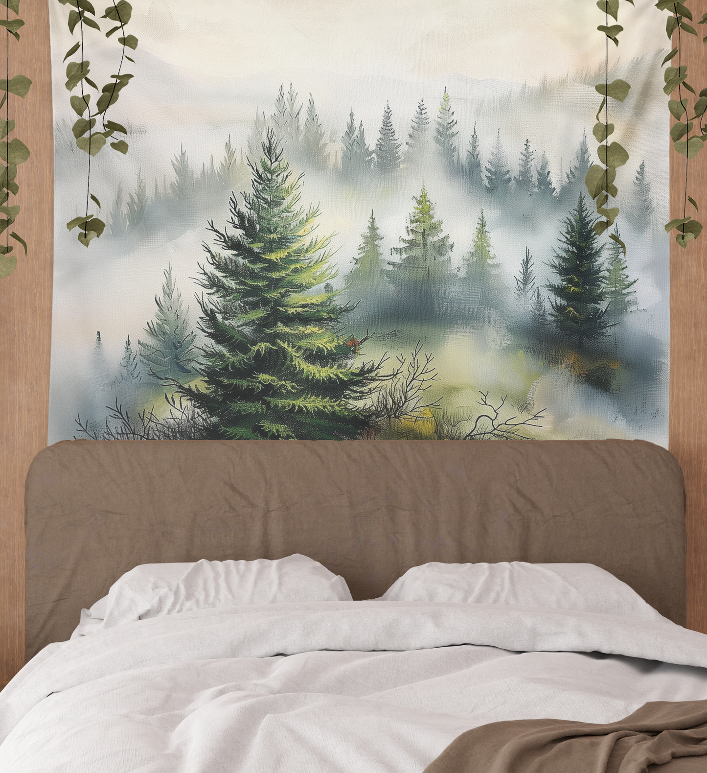 Foggy Misty Forest , Tapestry Wall Hanging, Watercolor Smoky Mountain Landscape Scenery Wall Art  Bedroom, Dorm ,Room