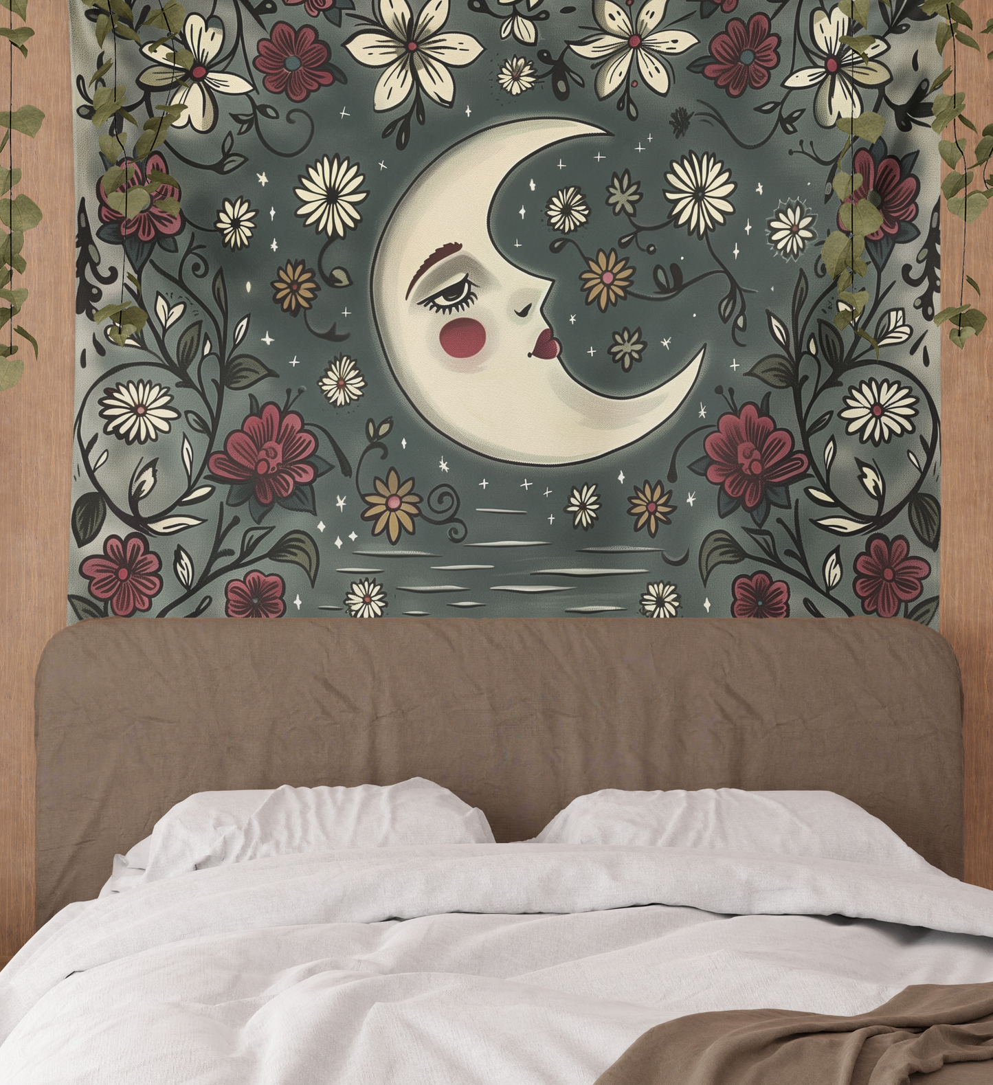 Crescent Moon, Boho Tapestry Wall Hanging, Floral Mandala, Lunar Flower Celestial  Aesthetic Room Décor , Huge Wall Art
