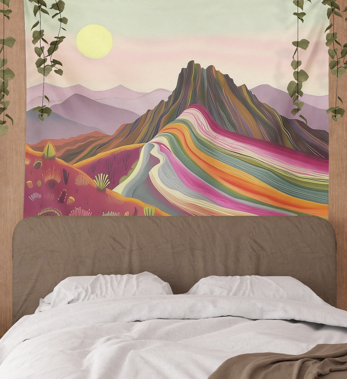 Boho Color Desert Landscape Tapestry Wall Hanging, Desert Sun Wall Art, Cactus Plants Print, Colorful Mountains Artwork  Living Room/Bedroom