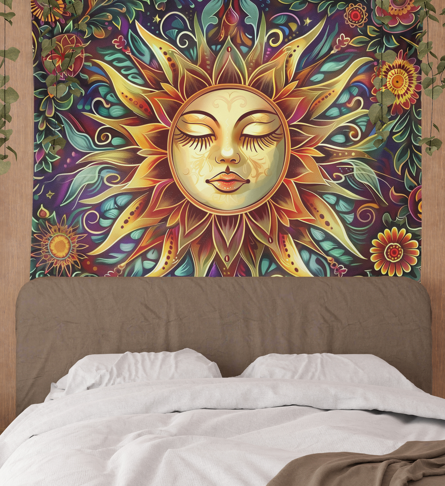 Sun Tapestry, Wall Hanging, Floral Mandala, Boho Flower Art, Burning Sunshine Artwork, Psychedelic, Mystic, Aesthetic Room Decoration