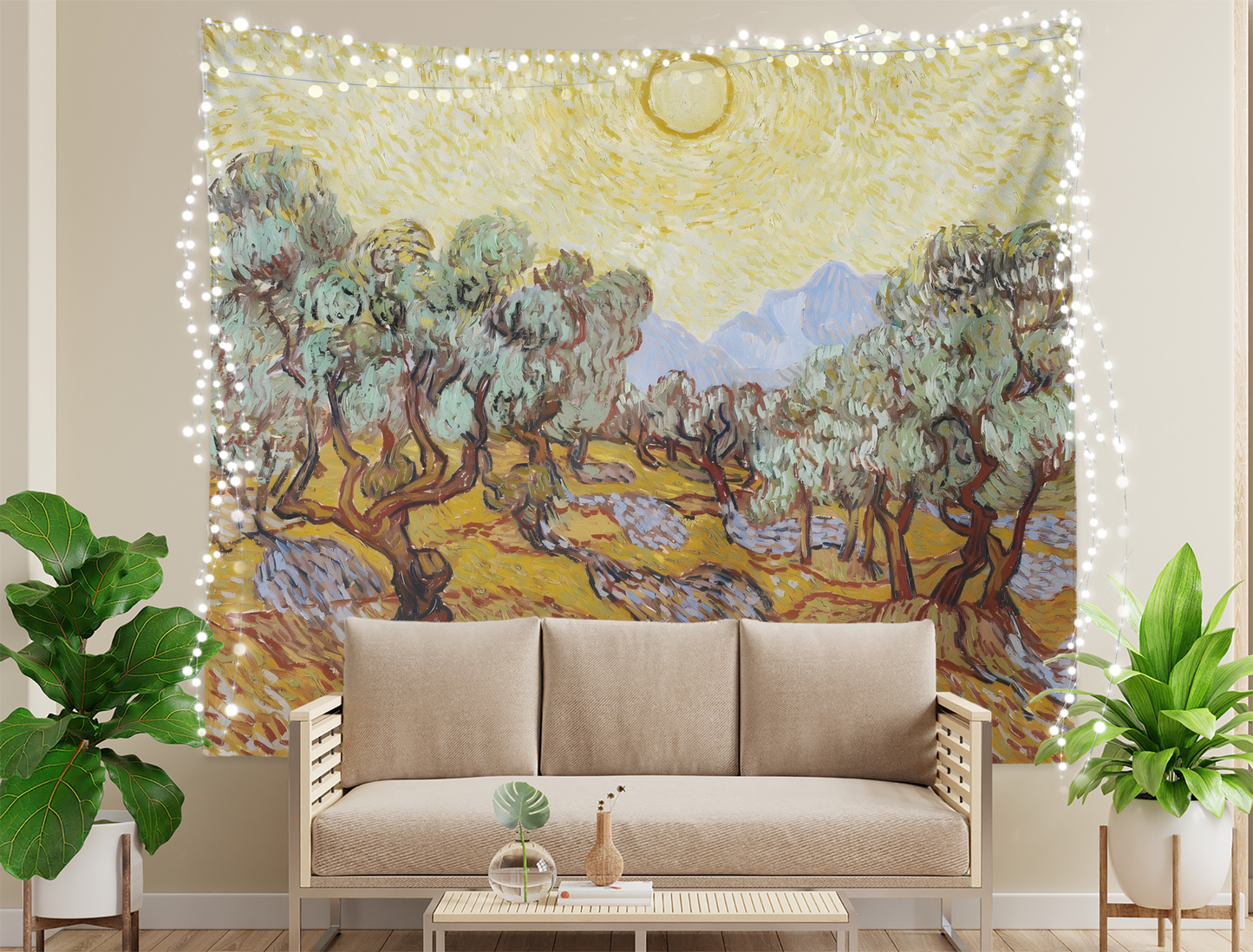 Vincent Van Gogh Painting , Landscape Art Tapestry, Wall Hanging, Olive Trees With Yellow Sky And Sun, Dorm Room Décor