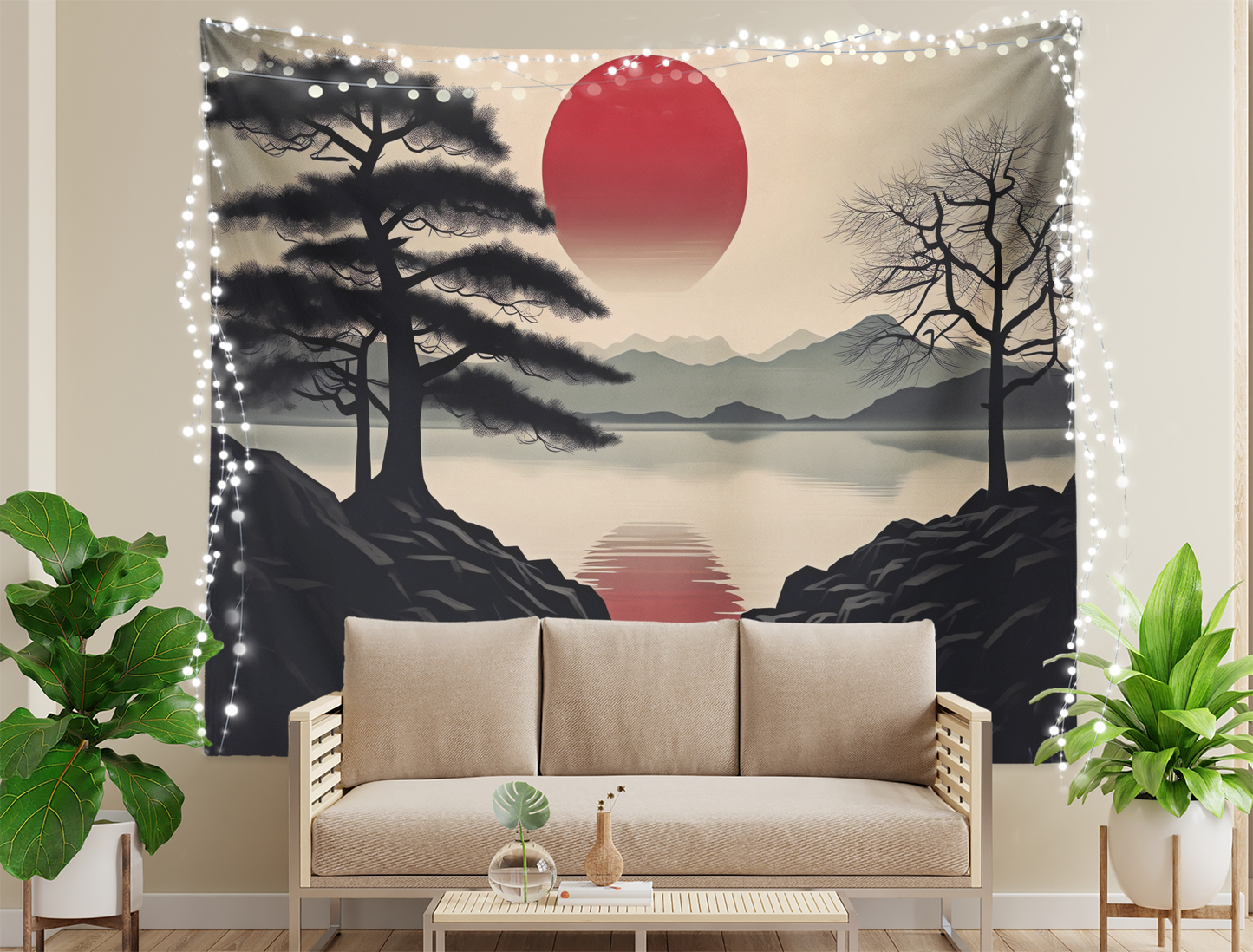 Red Sun, Mandala Tapestry Wall Hanging, Mountain Shiluette, Lake View, Japanese Style Wallart, Boho Décor for Bedroom, Dorm