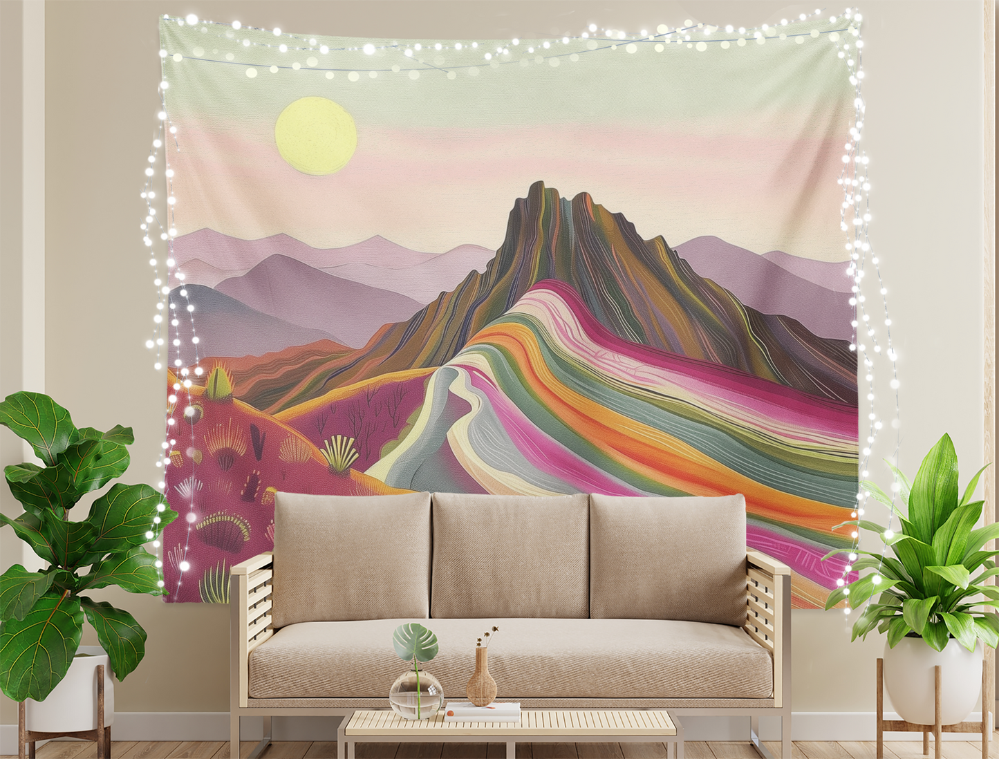 Boho Color Desert Landscape Tapestry Wall Hanging, Desert Sun Wall Art, Cactus Plants Print, Colorful Mountains Artwork  Living Room/Bedroom