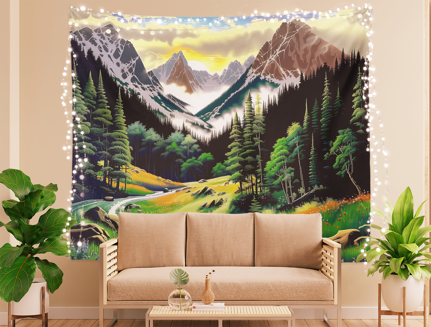 Majestic Mountains, Tapestry Wall Hanging, Mountain Scenery Landscape Artwork, Forest Green Background , Floral Mandala