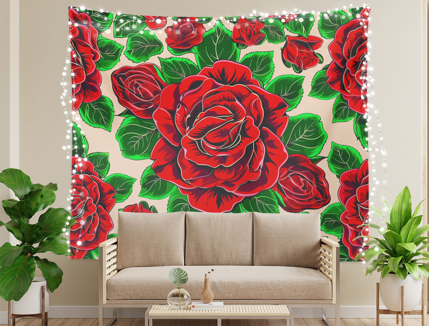 Floral Tapestry Wall Hanging Flower Mandala Boho Flower Wall Art Roses Artwork Décor Red Rose Pattern Bohemian Tapestries for Bedroom