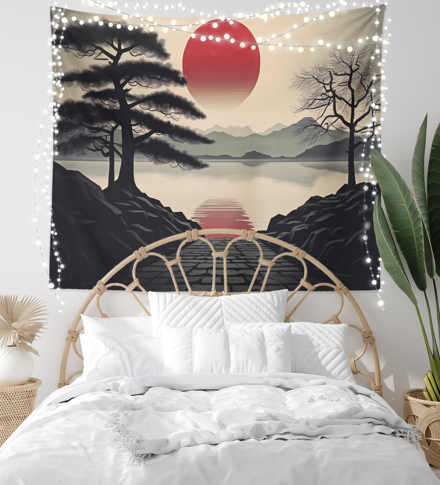 Red Sun, Mandala Tapestry Wall Hanging, Mountain Shiluette, Lake View, Japanese Style Wallart, Boho Décor for Bedroom, Dorm