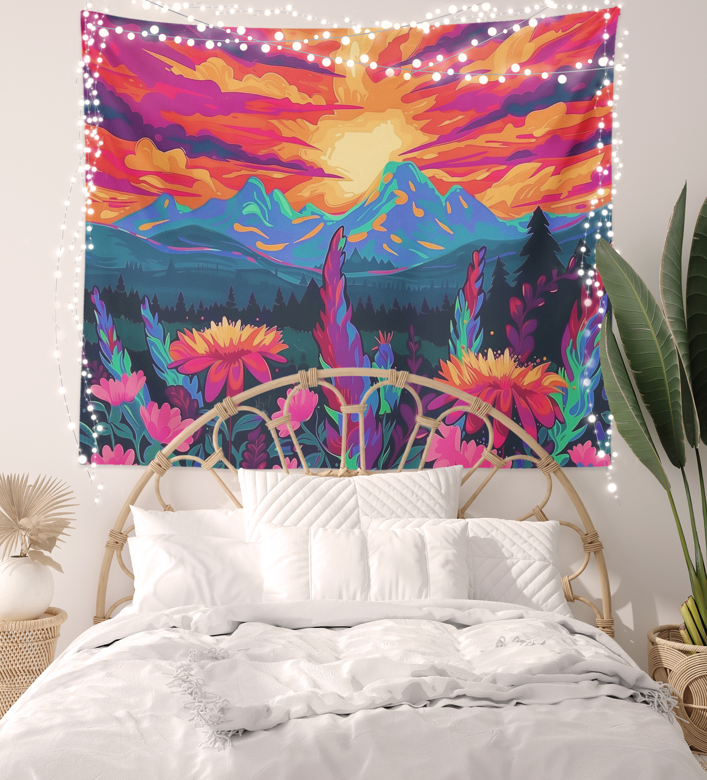 Fantasy Landscape Tapestry Wall Hanging, Surreal Psychedelic Landscapes Wall Tapestry Mandala, Mountain, Forest, Sun Clouds Scene Tapestries