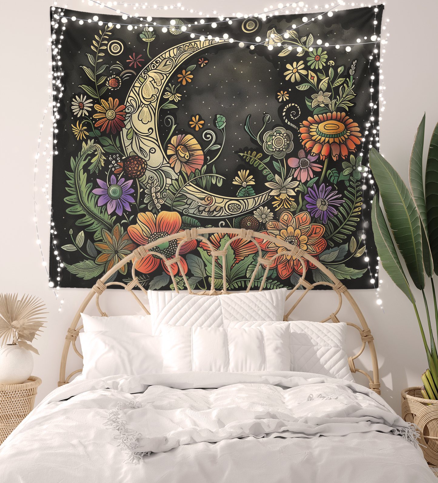 Moon Tapestry Wall Hanging, Crescent Moon, Plants Flower Floral Black Mystic Mandala, Witchy Aesthetic Wall Art Décor for Bedroom
