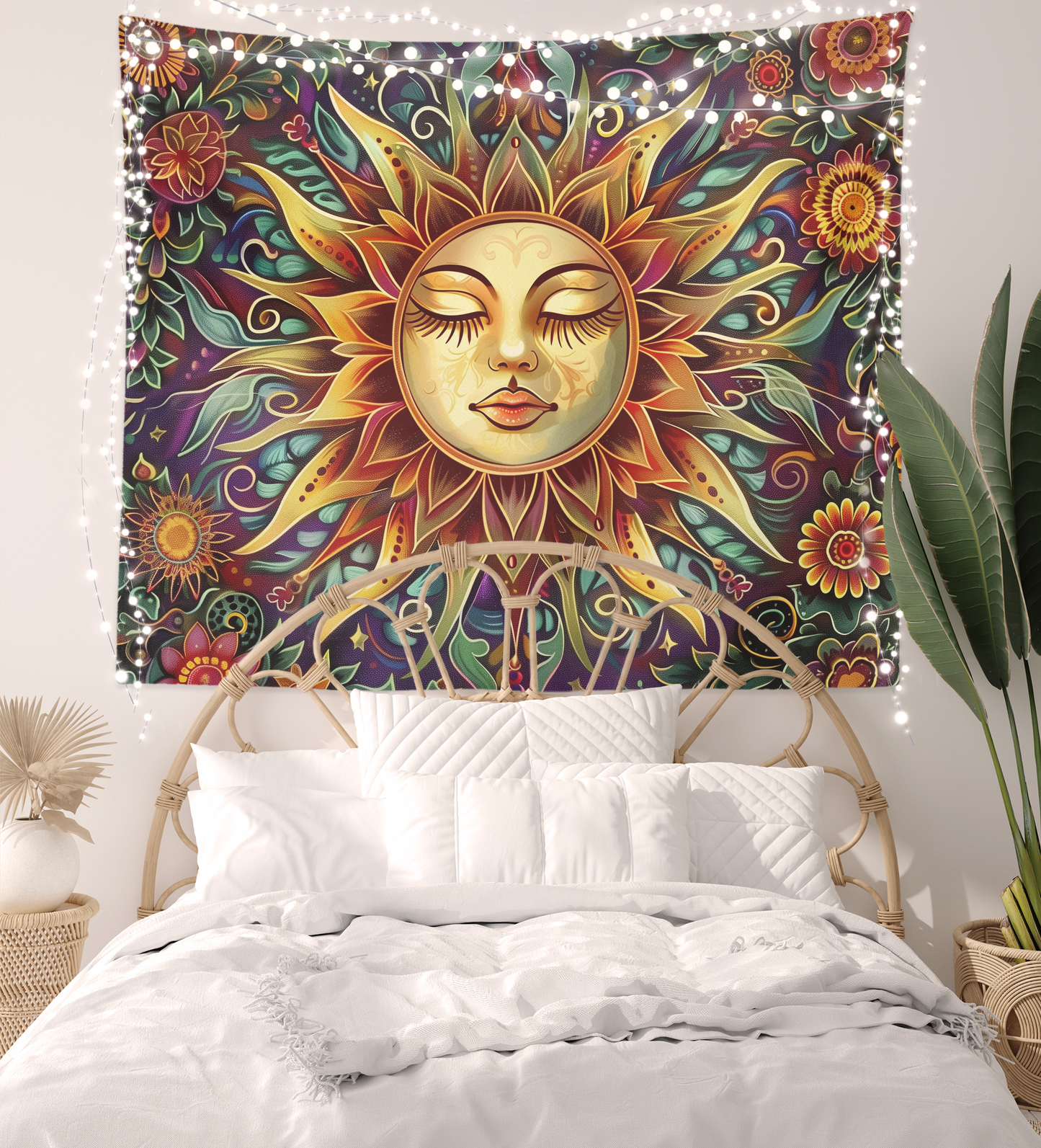 Sun Tapestry, Wall Hanging, Floral Mandala, Boho Flower Art, Burning Sunshine Artwork, Psychedelic, Mystic, Aesthetic Room Decoration