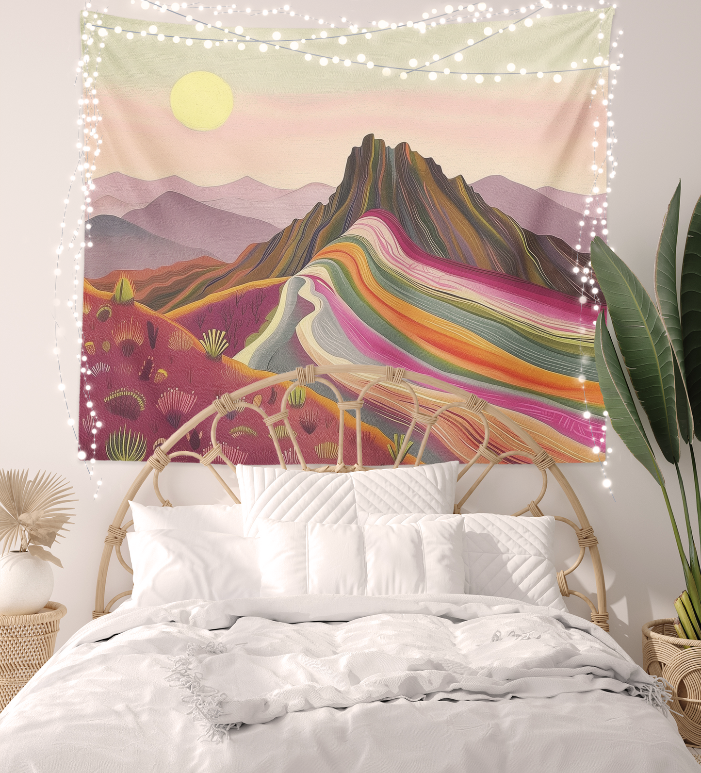 Boho Color Desert Landscape Tapestry Wall Hanging, Desert Sun Wall Art, Cactus Plants Print, Colorful Mountains Artwork  Living Room/Bedroom