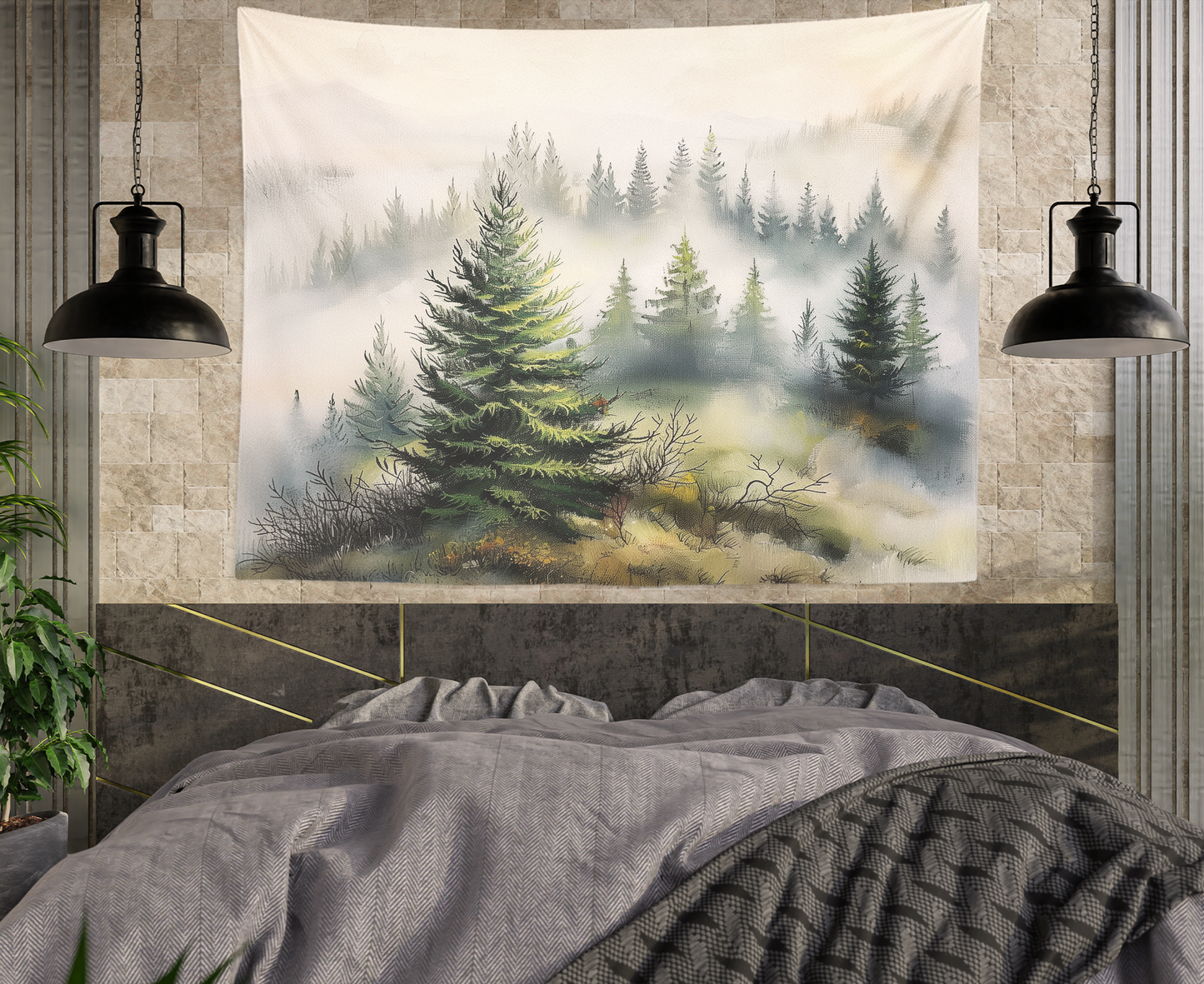 Foggy Misty Forest , Tapestry Wall Hanging, Watercolor Smoky Mountain Landscape Scenery Wall Art  Bedroom, Dorm ,Room