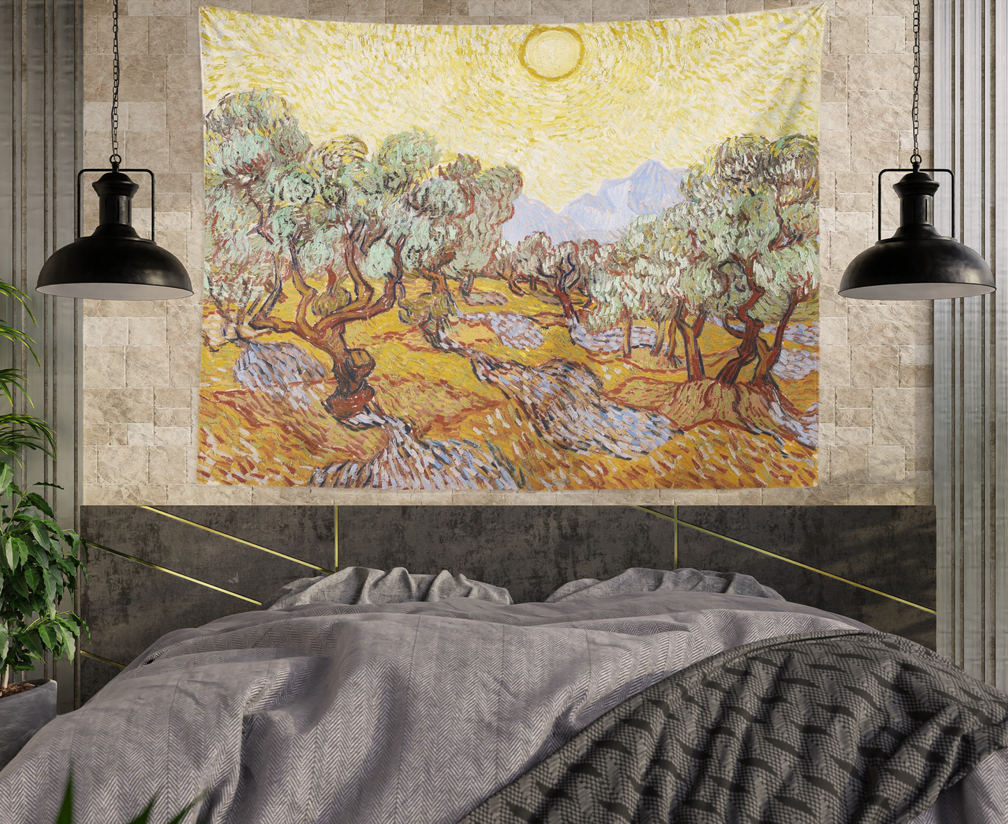 Vincent Van Gogh Painting , Landscape Art Tapestry, Wall Hanging, Olive Trees With Yellow Sky And Sun, Dorm Room Décor