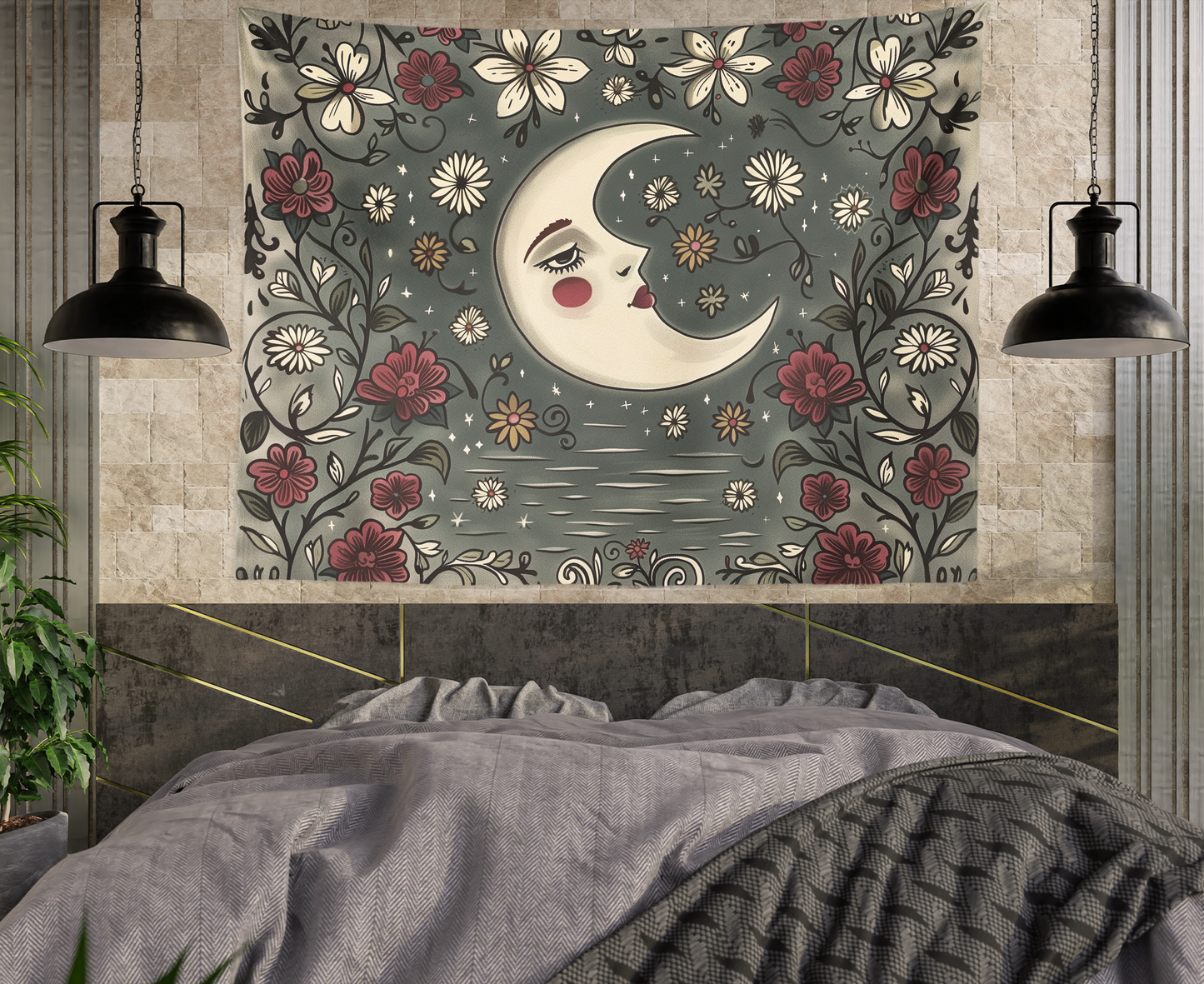 Crescent Moon, Boho Tapestry Wall Hanging, Floral Mandala, Lunar Flower Celestial  Aesthetic Room Décor , Huge Wall Art
