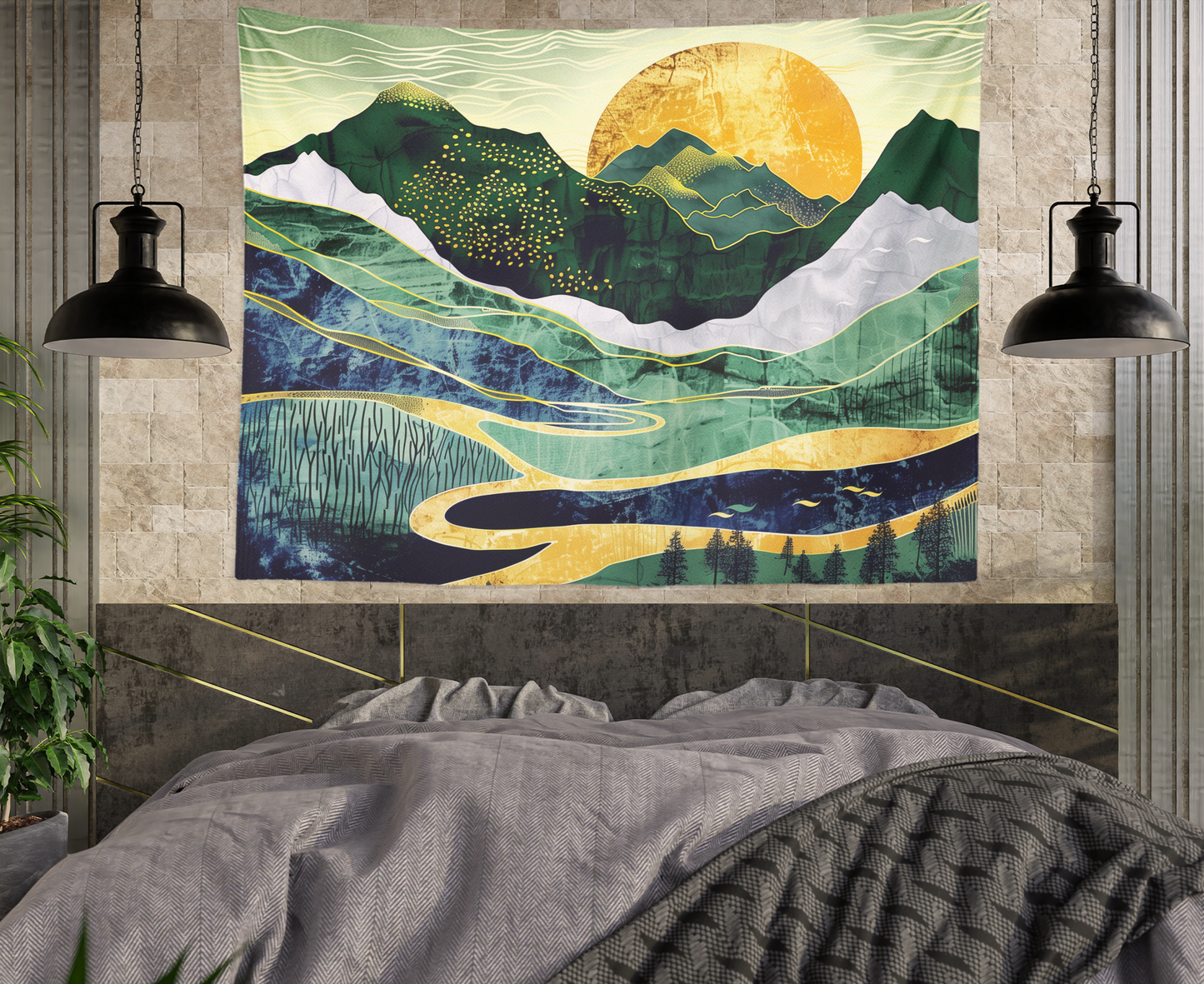 Boho Tapestry Wall Hanging, Mountain Landscape Nature Abstract Minimalist Simple Mandala For Living Room/Bedroom/College Dorm