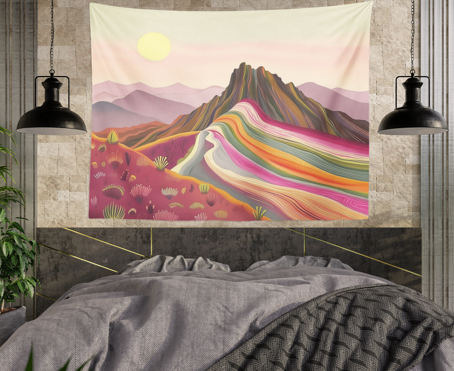 Boho Color Desert Landscape Tapestry Wall Hanging, Desert Sun Wall Art, Cactus Plants Print, Colorful Mountains Artwork  Living Room/Bedroom