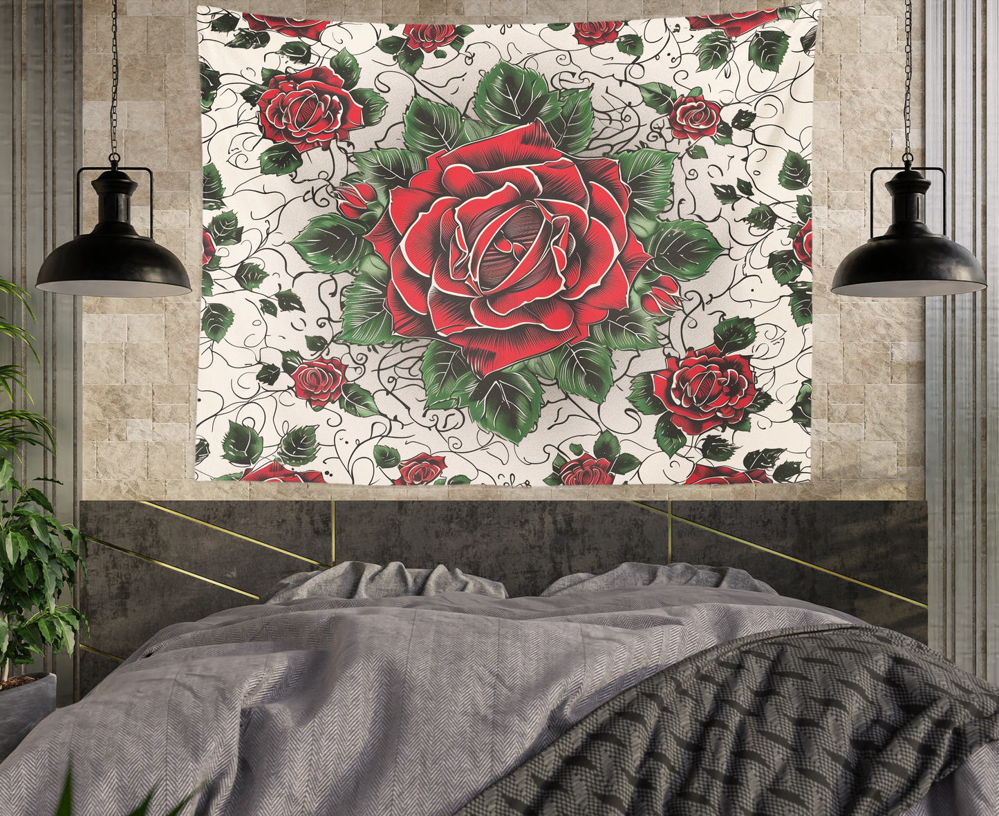 Flower Wall Hanging Tapestry, Boho Floral Red Rose Mandala, Roses Artwork Wall Décor, Aesthetic Background Tablecloth