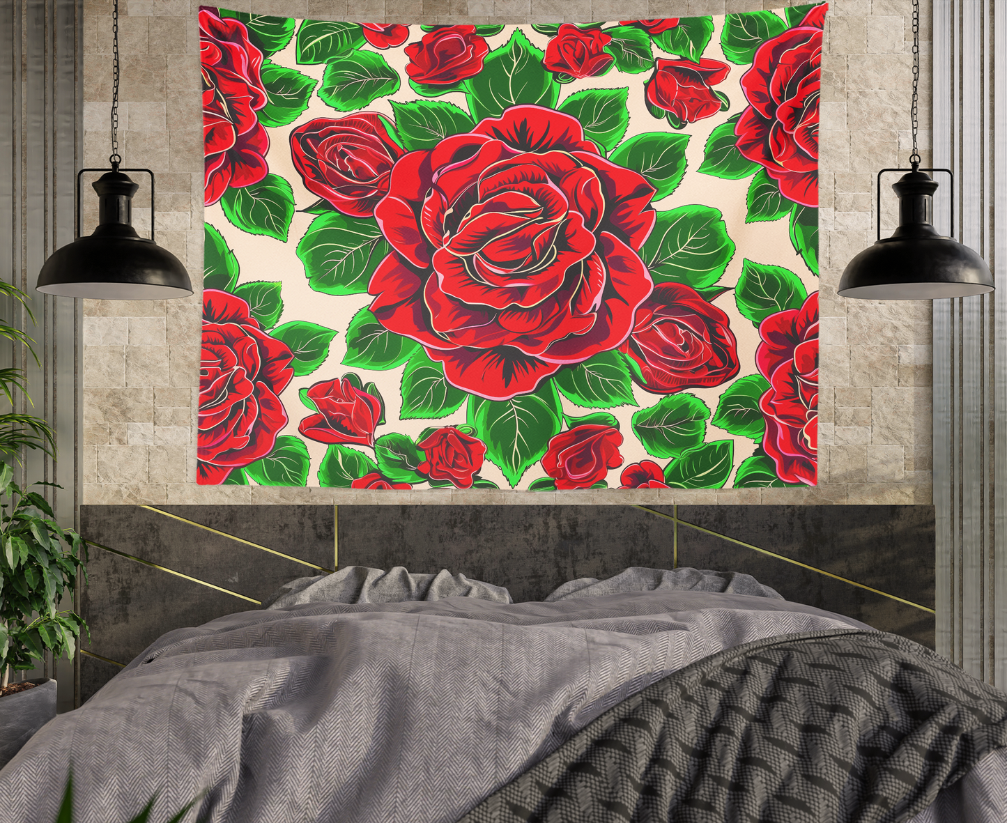 Floral Tapestry Wall Hanging Flower Mandala Boho Flower Wall Art Roses Artwork Décor Red Rose Pattern Bohemian Tapestries for Bedroom