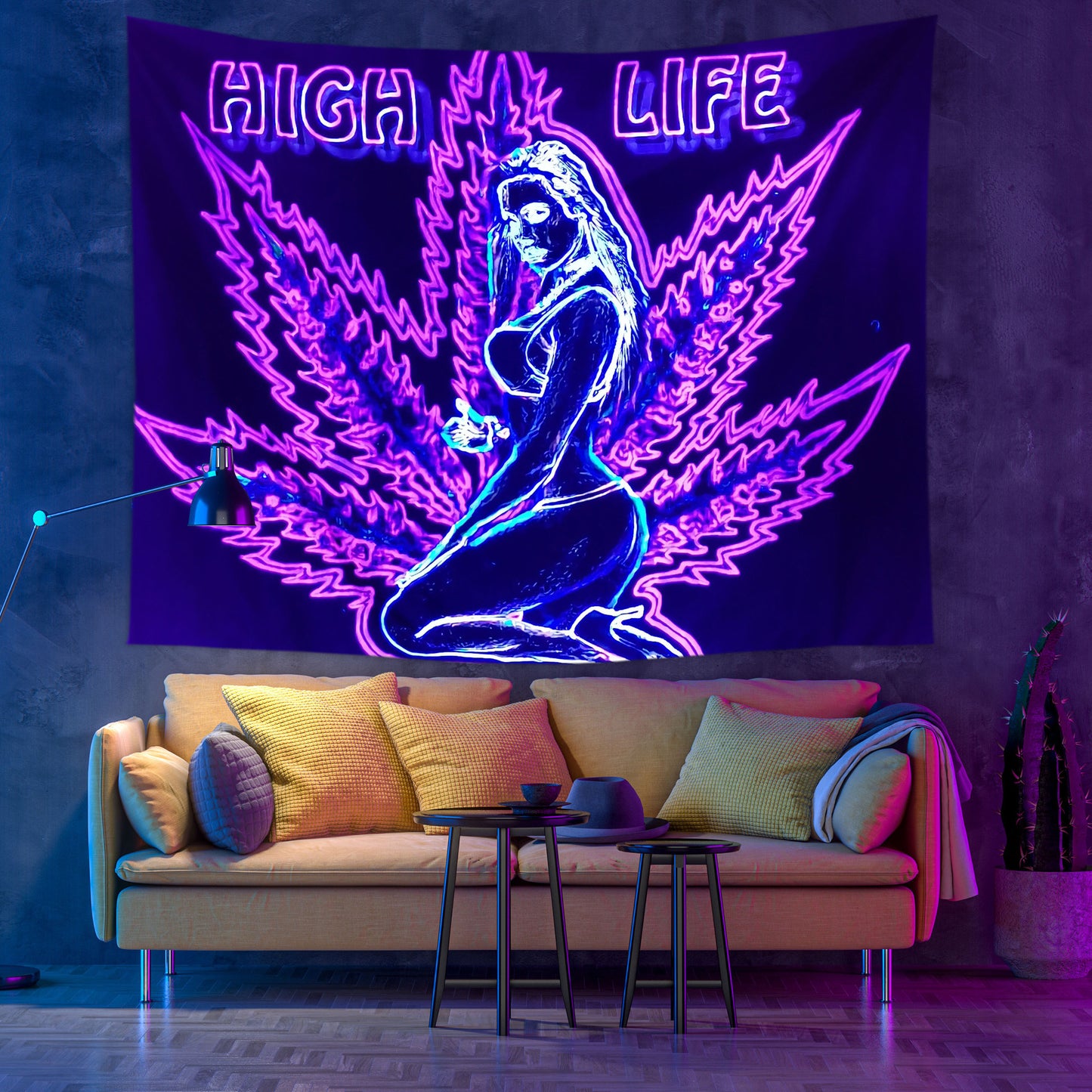 Weed Leaf Tapestry, Black Light Tapestry, Blacklight, Woman Silhouette, Trippy Wall Hanging, Glow in The Dark Poster