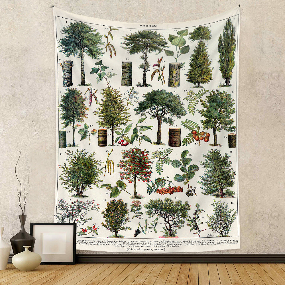 Vintage Tree Wall Tapestry, Botanical Reference Chart Plant Wall Art Prints , Nature Tapestry for Biology Classroom Science Nursery Home