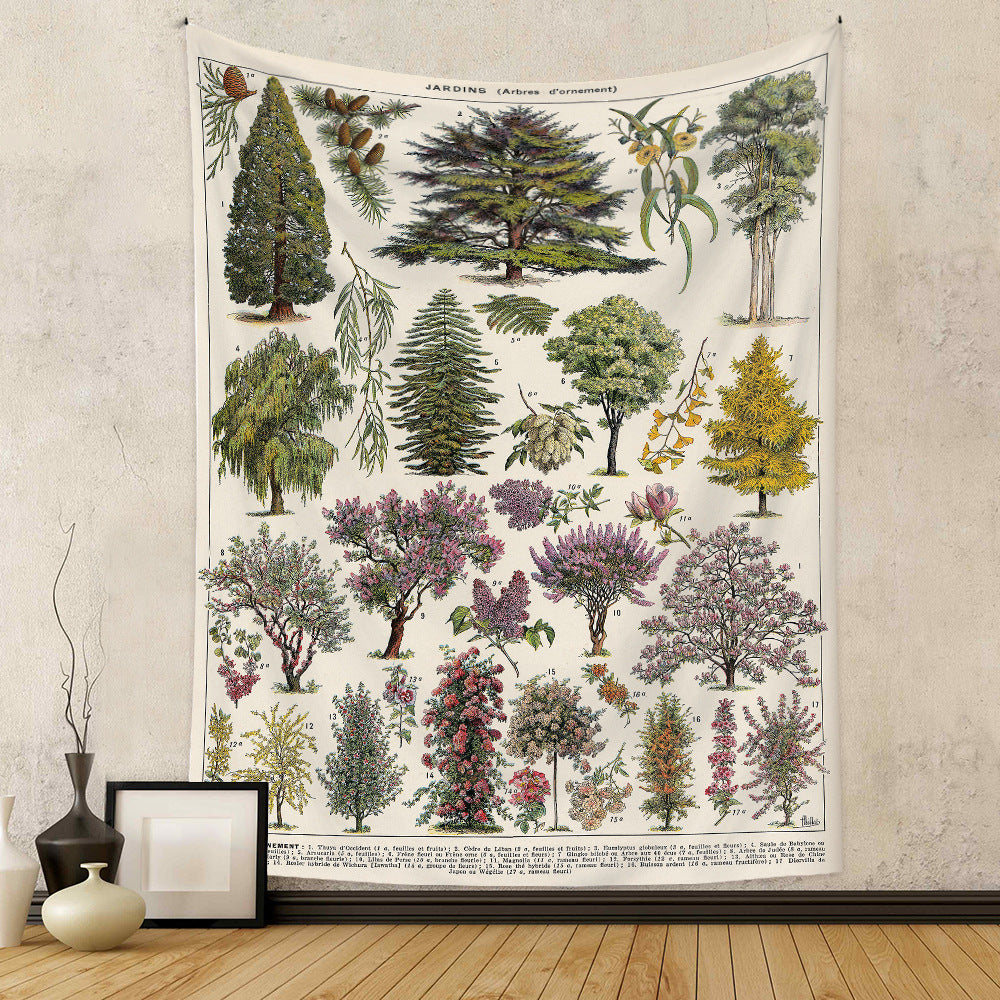 Vintage Tree Wall Tapestry, Botanical Reference Chart Plant Wall Art Prints , Nature Tapestry for Biology Classroom Science Nursery Home