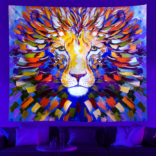 Lion UV Reactive Tapestry, Animal Tapestries , Fluorescent Black light Psychedelic Neon Trippy Wildlife King Wall Hanging For Backdrop Dorm