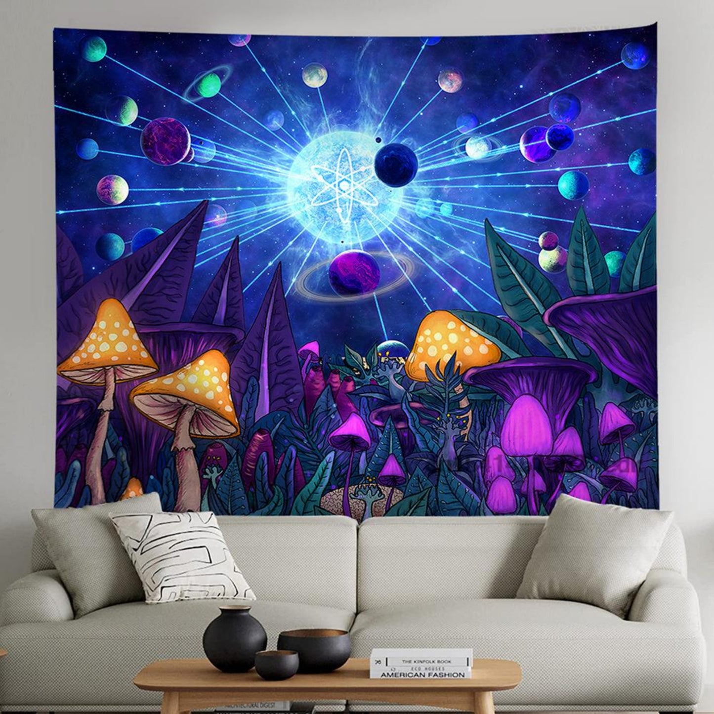 Psychedelic Mushroom Tapestry, Fluorescent Tapestries, UV Reactive Wall Hanging, Trippy Black Light Tapestry, Neon Galaxy Planets for Room