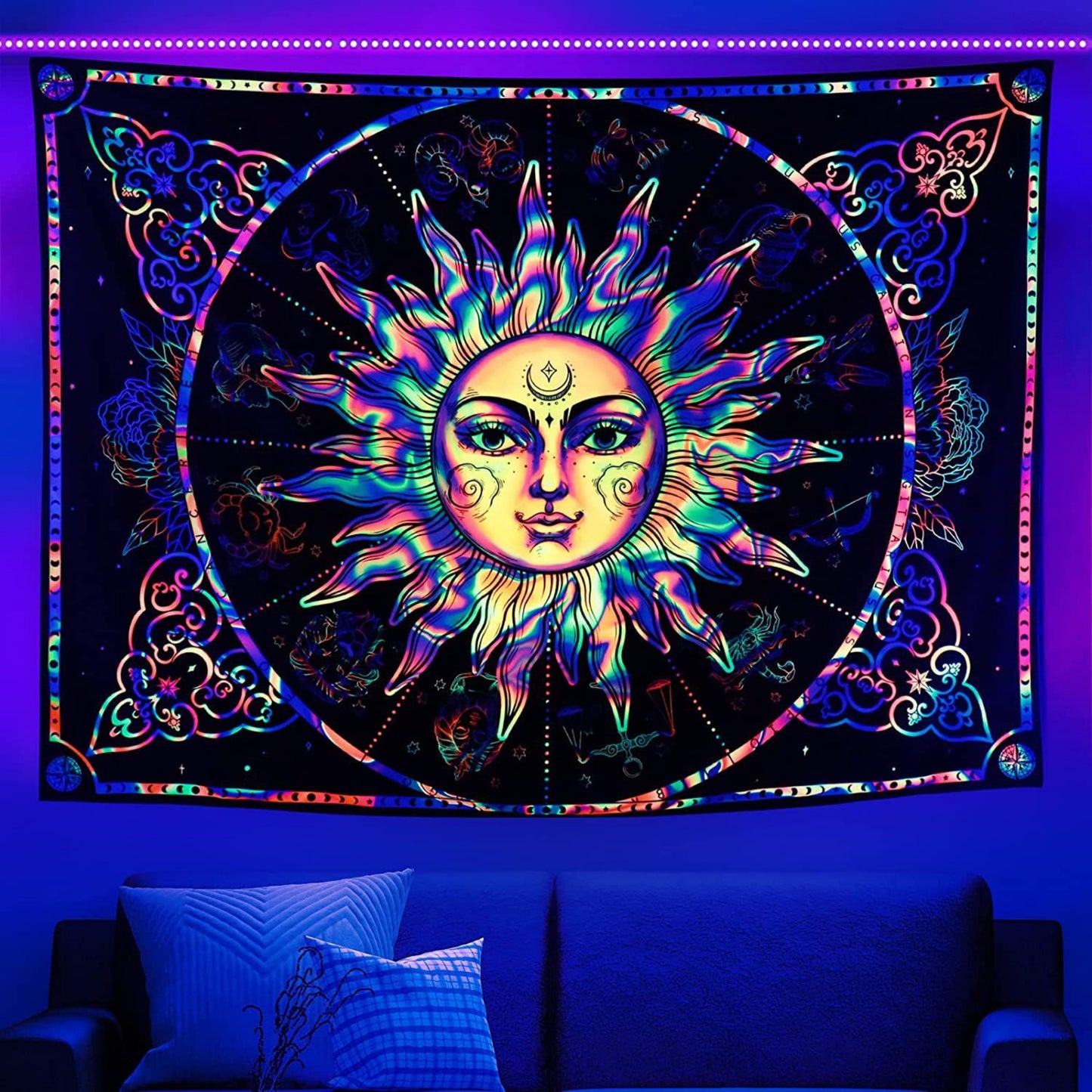 The Sun Tapestry, UV Reactive Burning Sun Wall hanging, Constellation Backlight Wall Tapestry, Fluorescent  Astrology Psychedelic Mandala