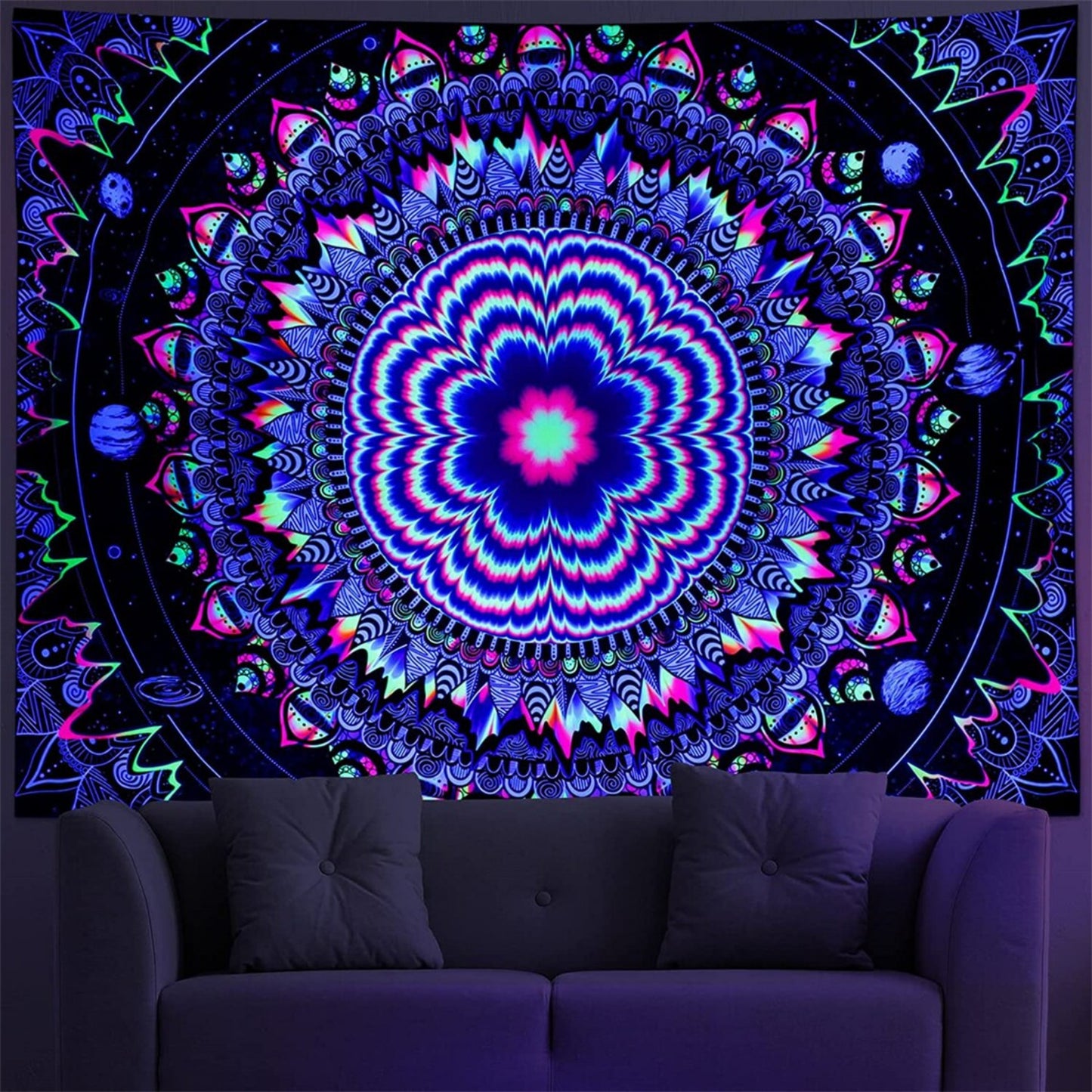 UV Reactive Trippy Tapestry , Psychedelic Wall Hanging, Backlight Hippie Neon Wall Art Print,  Fluorescent  Mandala Poster for Room, Dorm