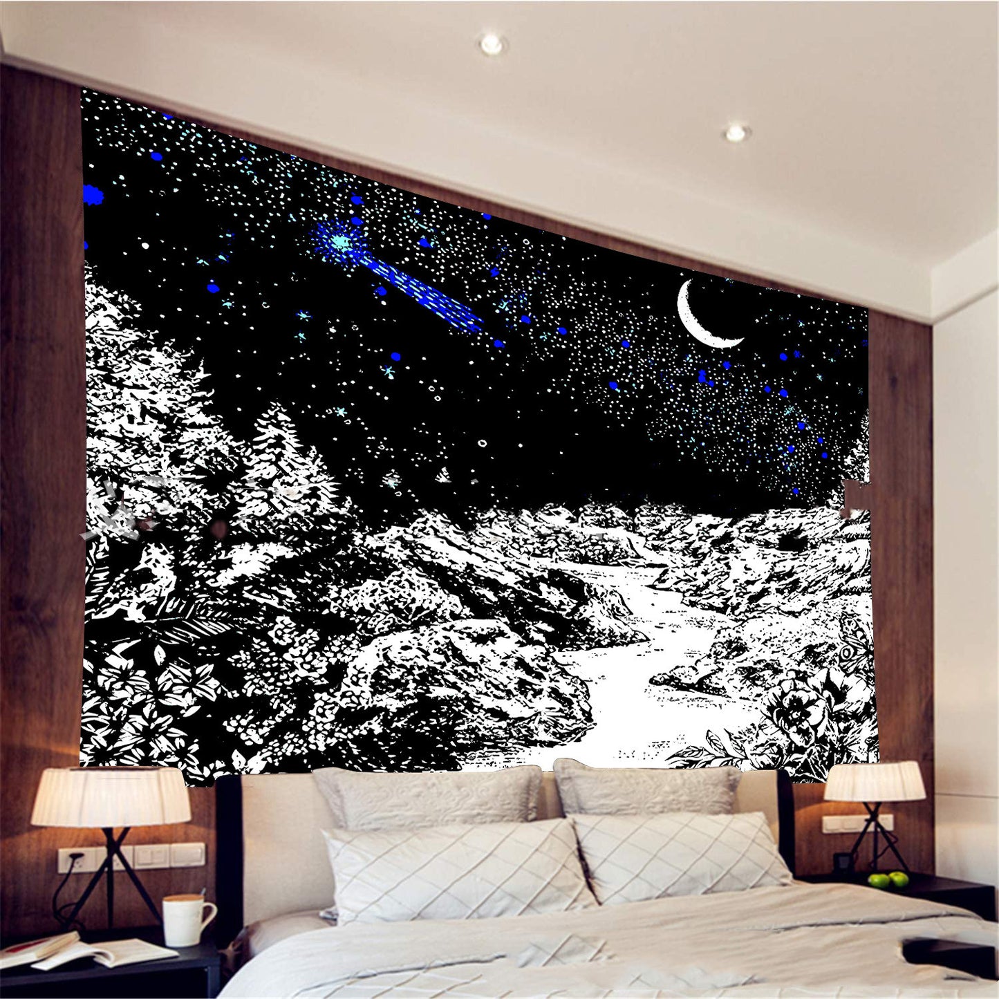 Black And White Tapestry Wall Hanging, Moon Tapestries,  Mountain Landscape Wall Art,  Hippie  Aesthetic Mystical Goth Trippy Blue Tapestry