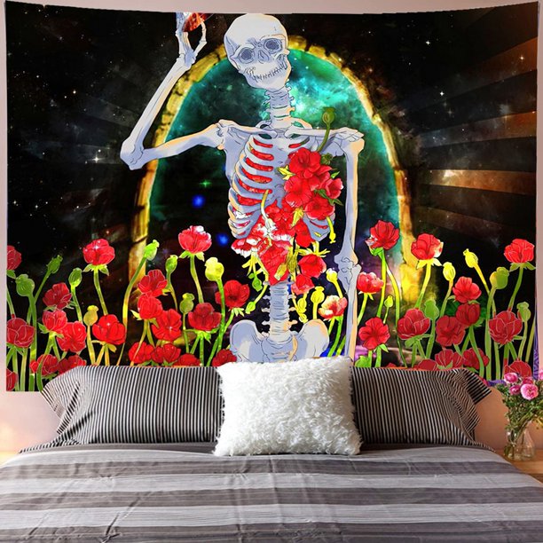 Skeleton Tapestry, Human Skull Floral Wall Hanging, Tarot  Cloth, Psychedelic Hippie Trippy Art Tapestry for Living Room Bedroom Dorm