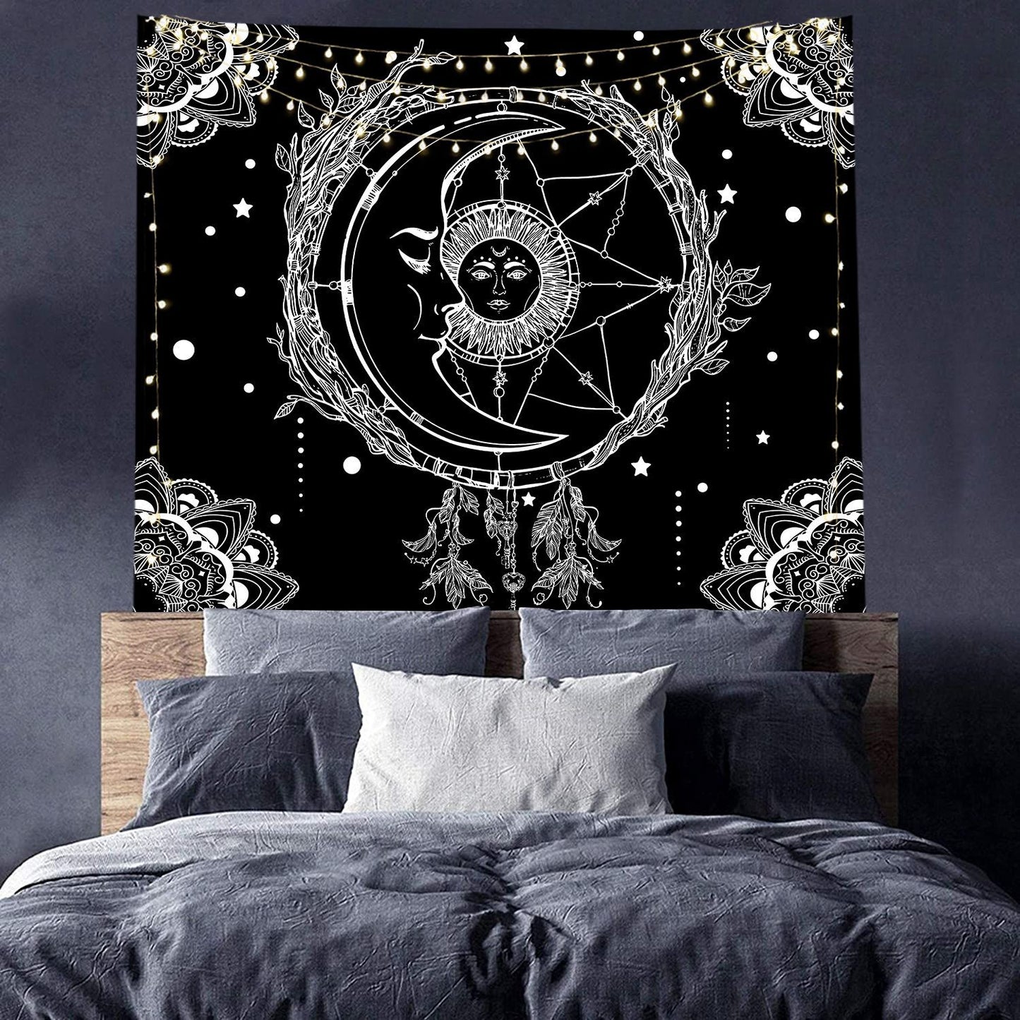 Moon and Sun Tapestry , Black and White Starry Sky Mandala, Hippy Celestial Wall Hanging,Tarot Cloth, Dreamcatcher for Bedroom Living Room