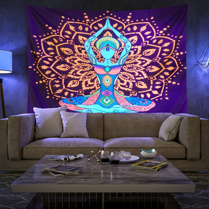 Fluorescent UV Black Light Tapestry, Indian Meditation Seven Chakra Yoga Wall Hanging , Mandala Hippy ,Party Décor, for Bedroom, Room