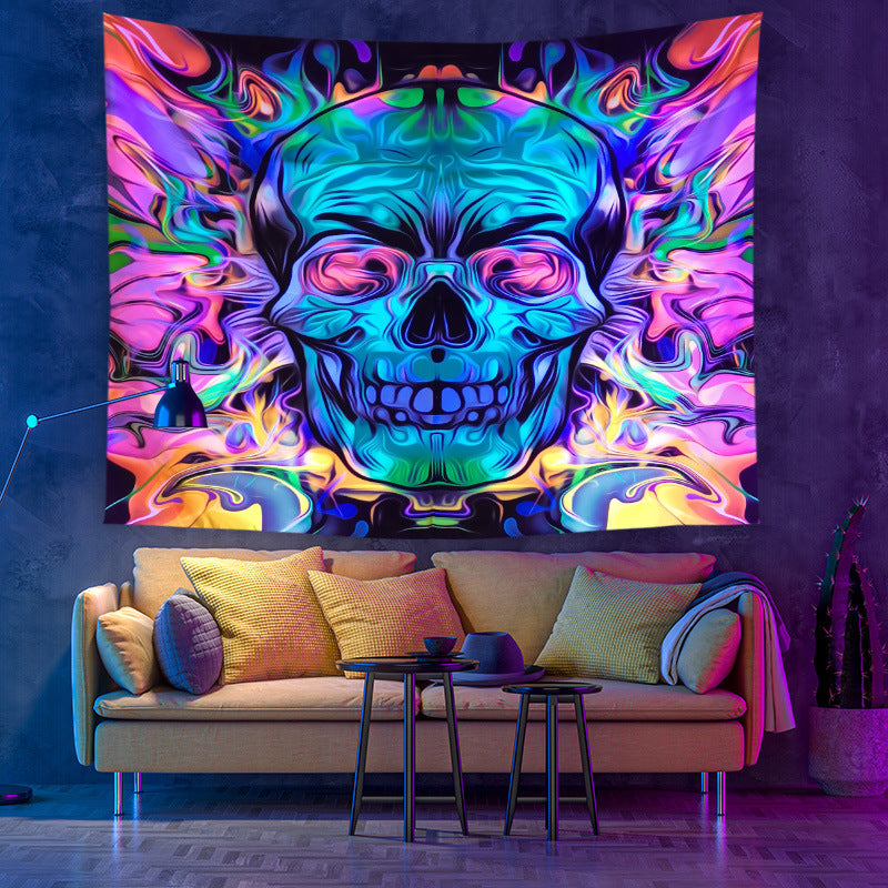 UV Black Light Tapestry, Fluorescent Skull Tapestry, Goth, Horror, Pagan, Wall Hanging, Psychedelic Hippie Trippy Mandala Party Décor