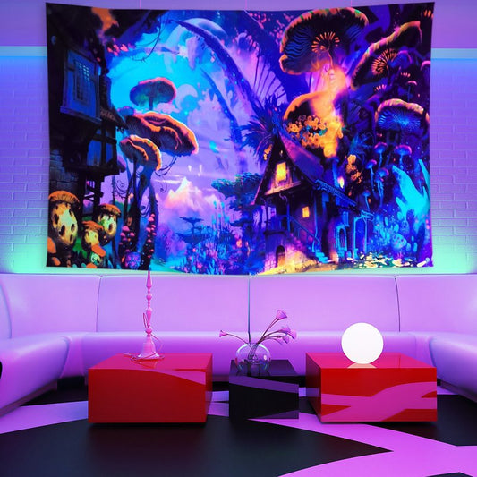 UV Black Light Tapestry, Fluorescent Mushroom Tapestry, Neon Colorful Fairy Wall Hanging, Psychedelic Trippy Blue Mandala Party Décor