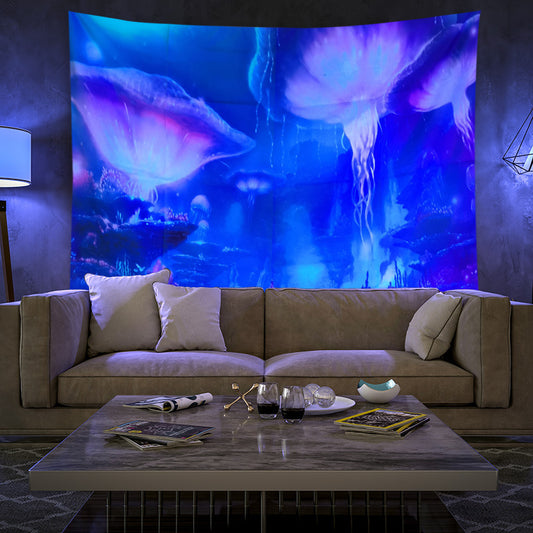 UV Black Light Tapestry, Fluorescent Jellyfish Tapestry, Neon Colorful Landscape Wall Hanging, Psychedelic Trippy Blue Mandala Party Décor
