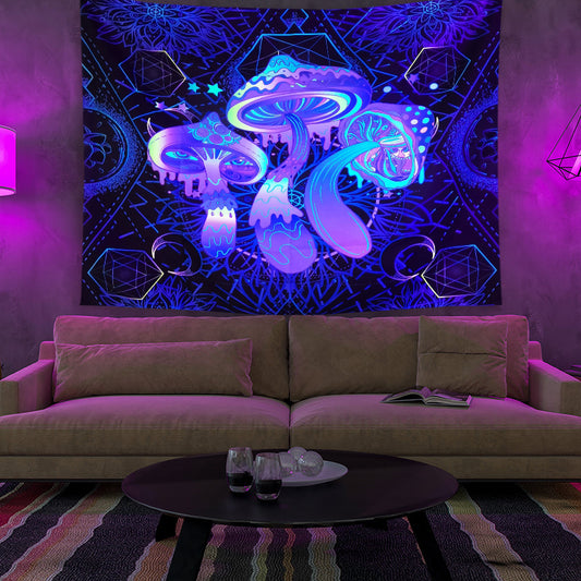 UV Black Light Fluorescent Wall Hanging,  Mushroom Tapestry, Neon Fairy Tapestry, Psychedelic Mushroom, Trippy Tapestry Blue, Party Décor