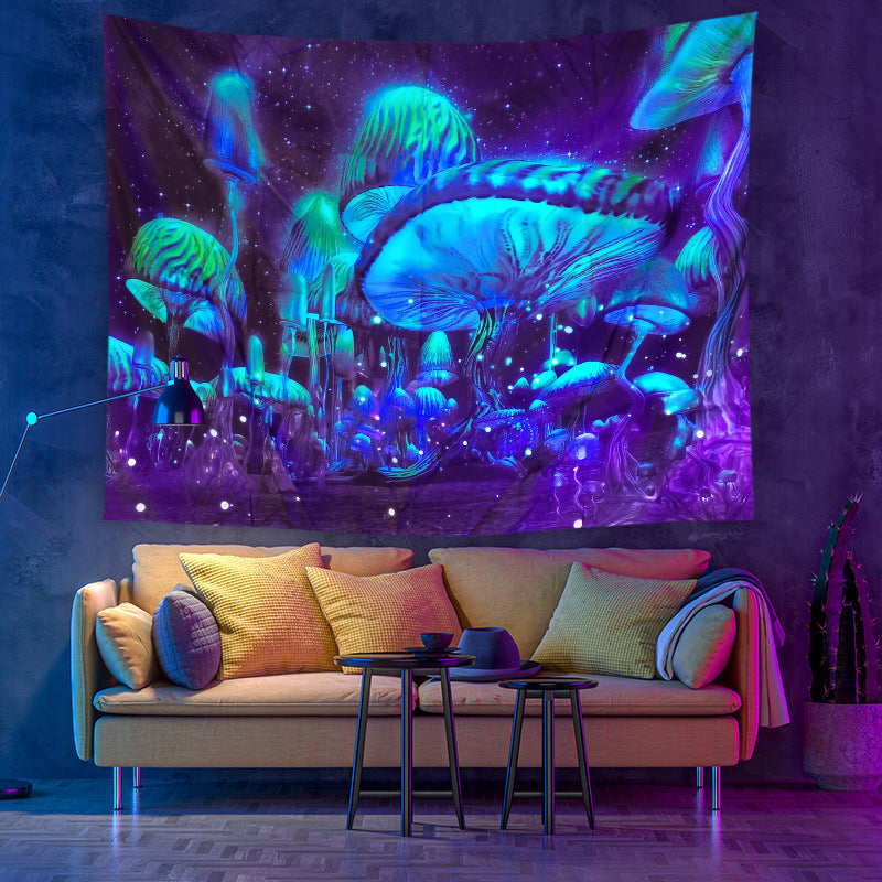 UV Black Light Fluorescent Wall Hanging,  Mushroom Tapestry, Large Fairy Tapestry, Psychedelic Mushroom, Trippy Mandala Blue, Party Décor