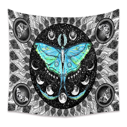 Trippy Tapestry Blue Moth, Butterfly Wall Hanging, Moon Phase Wall Decor ,Psychedelic Hippie Mandala ,Colorful Tarot Tapestries For Dorm